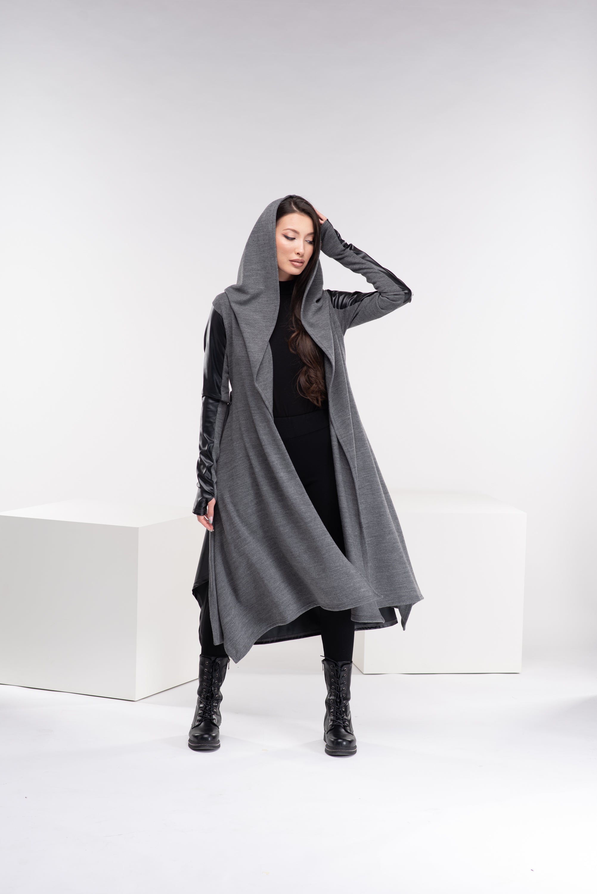 Hooded Wool Leather Cardigan