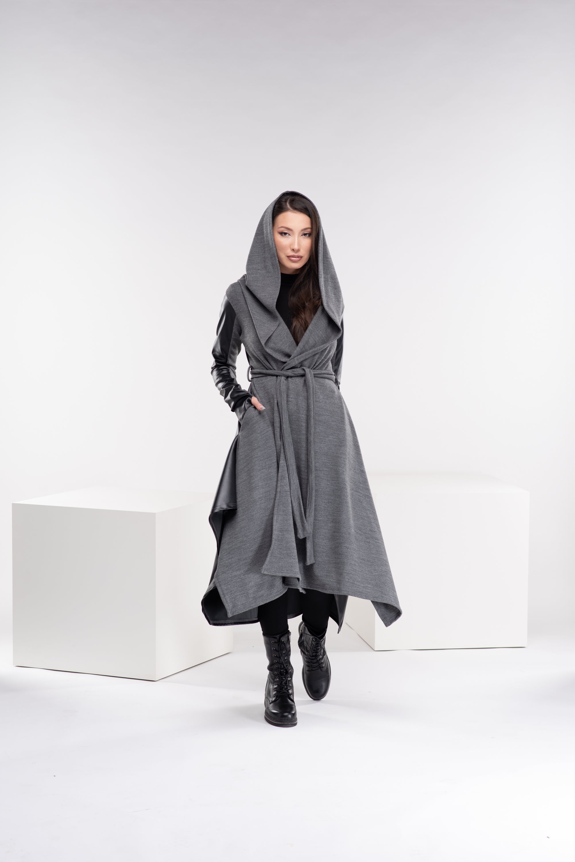 Hooded Wool Leather Cardigan