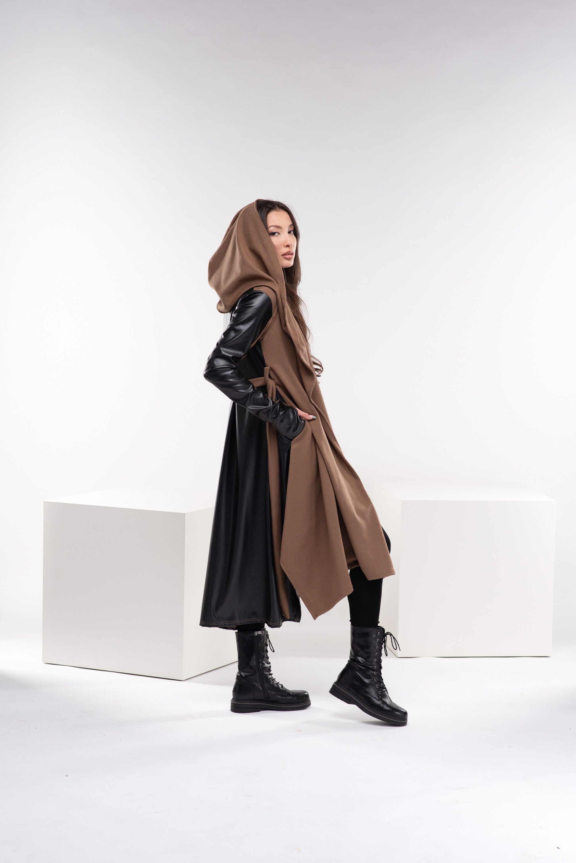 Hooded Wool Leather Cardigan