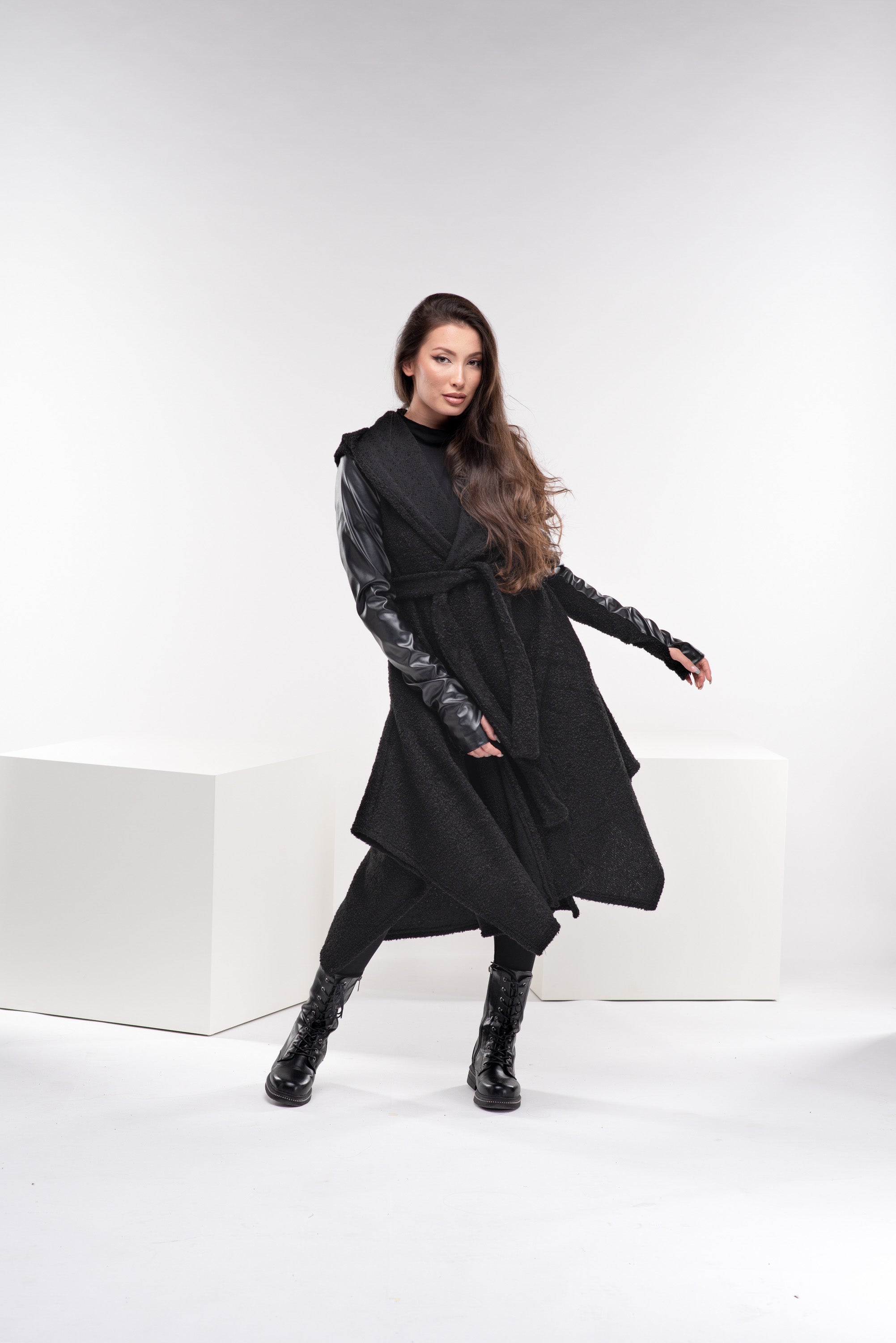 Boucle Leather Hooded Cloak