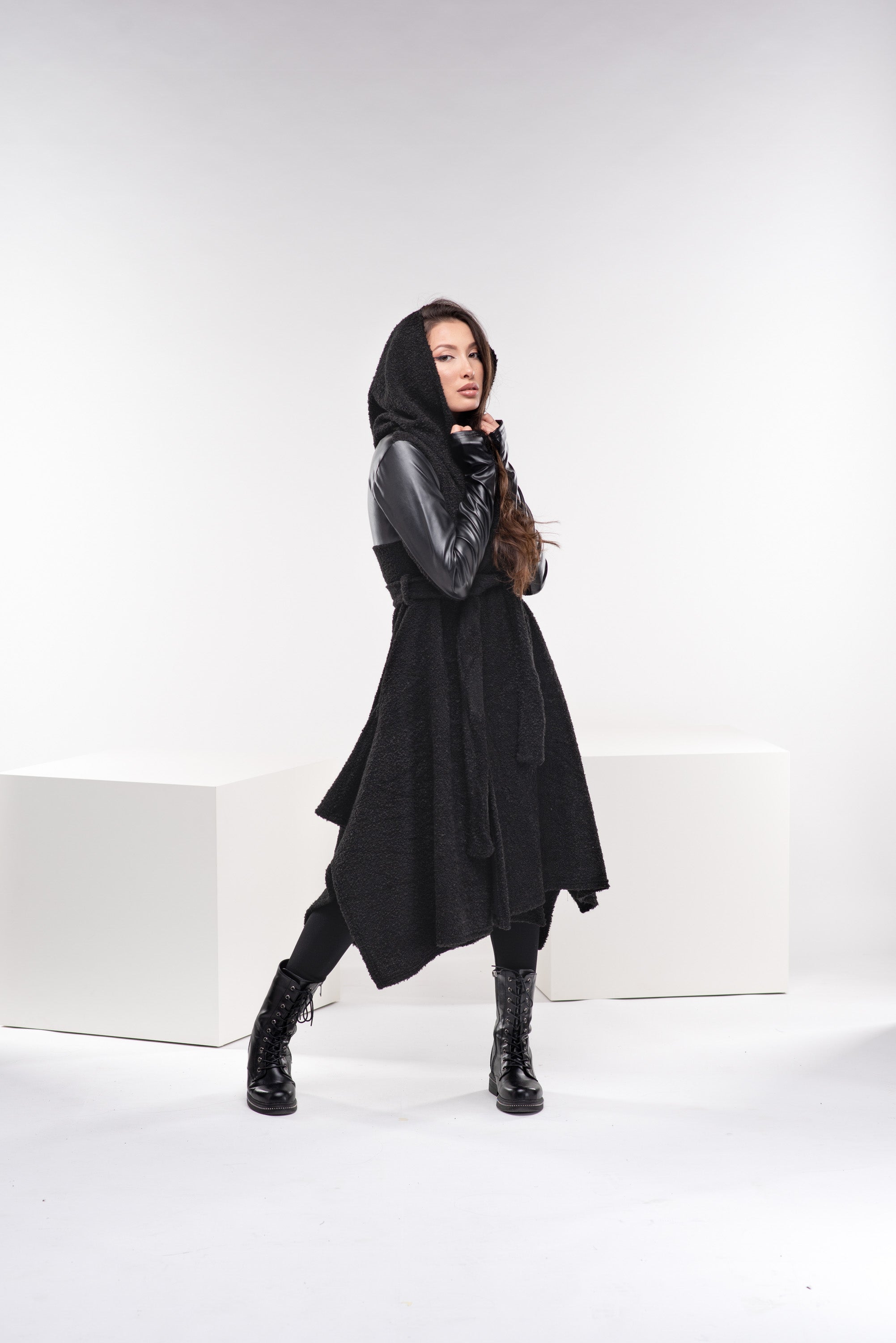 Boucle Leather Hooded Cloak