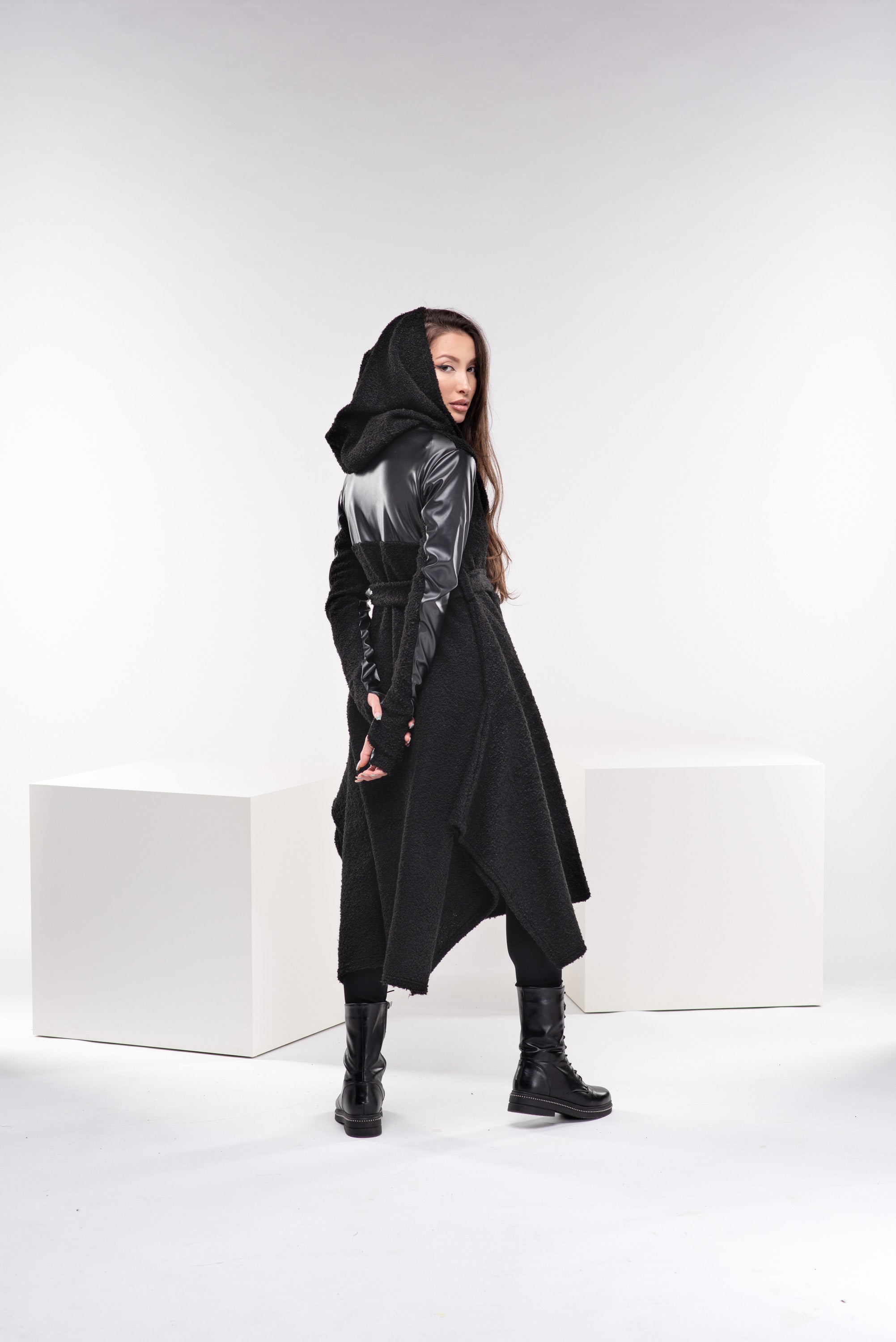 Boucle Leather Hooded Cloak