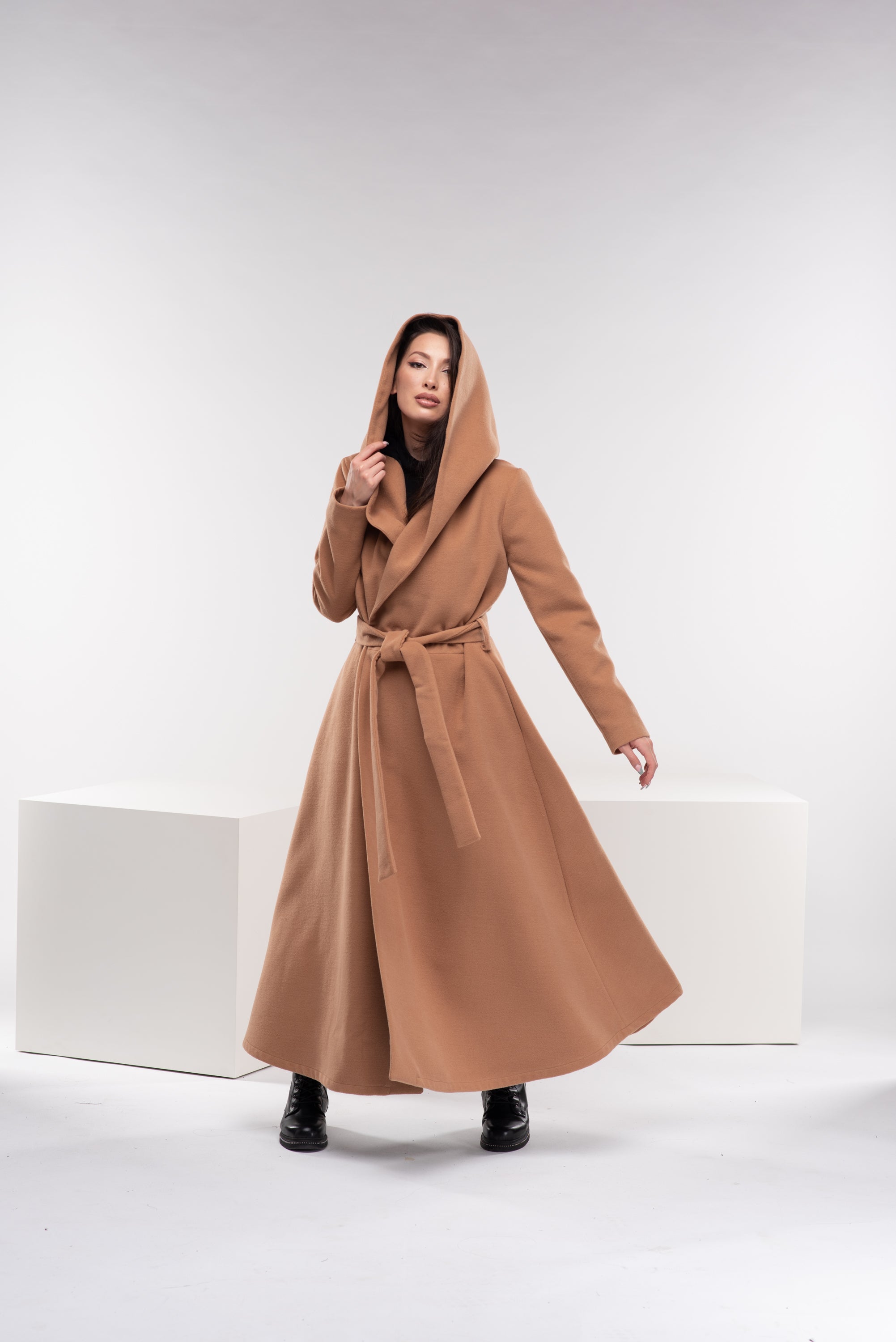 Hooded Wool Coat With Belt