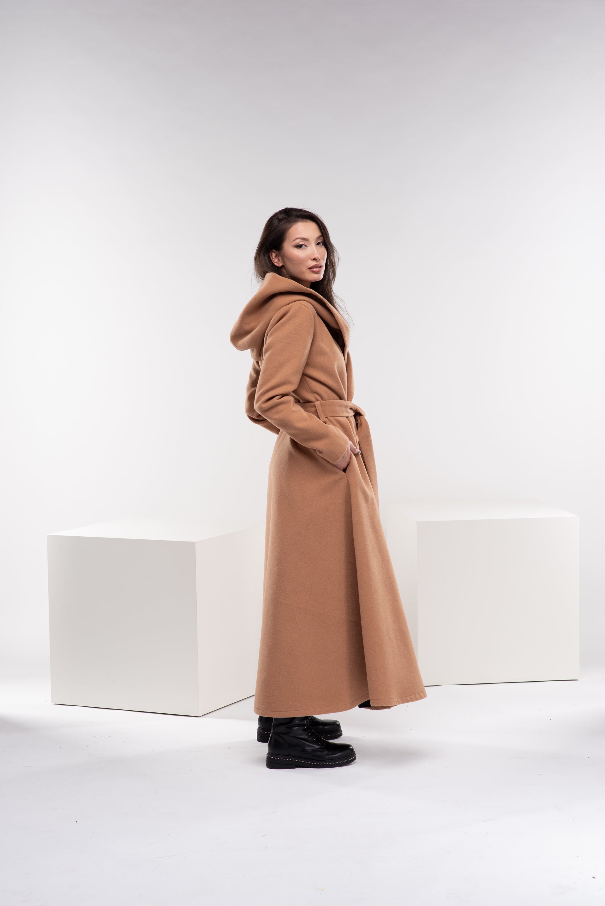 Hooded Wool Coat With Belt