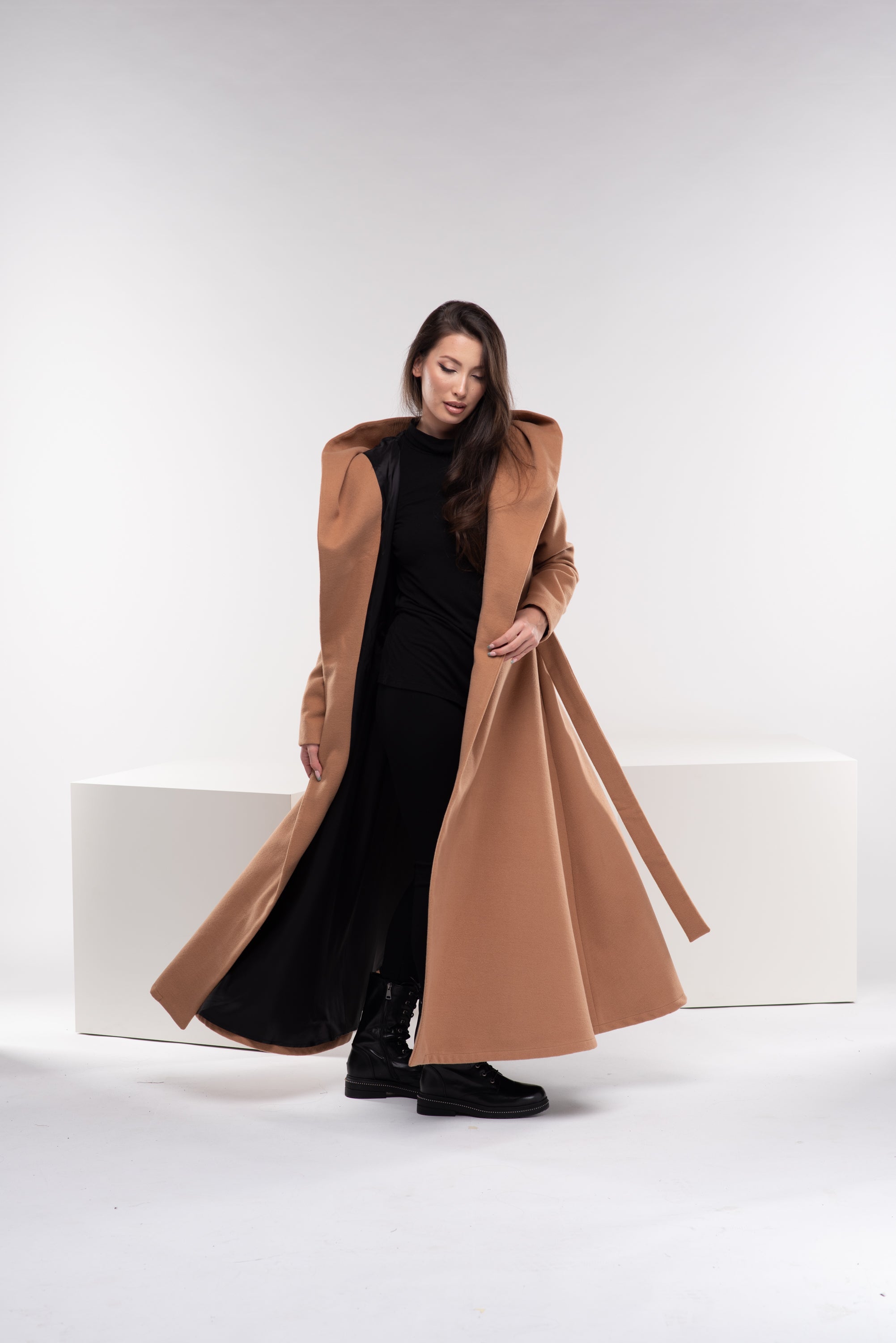 Hooded Wool Coat With Belt