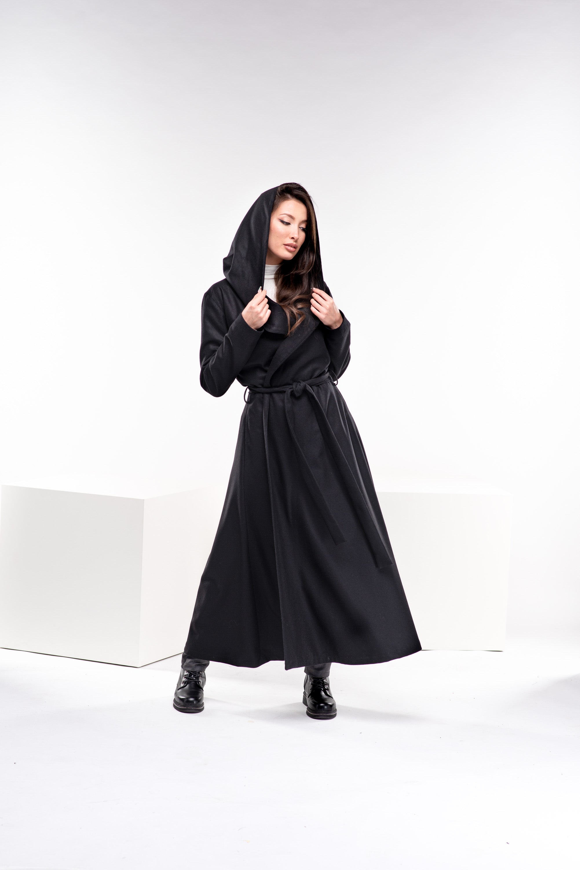 Hooded Wool Coat with Belt