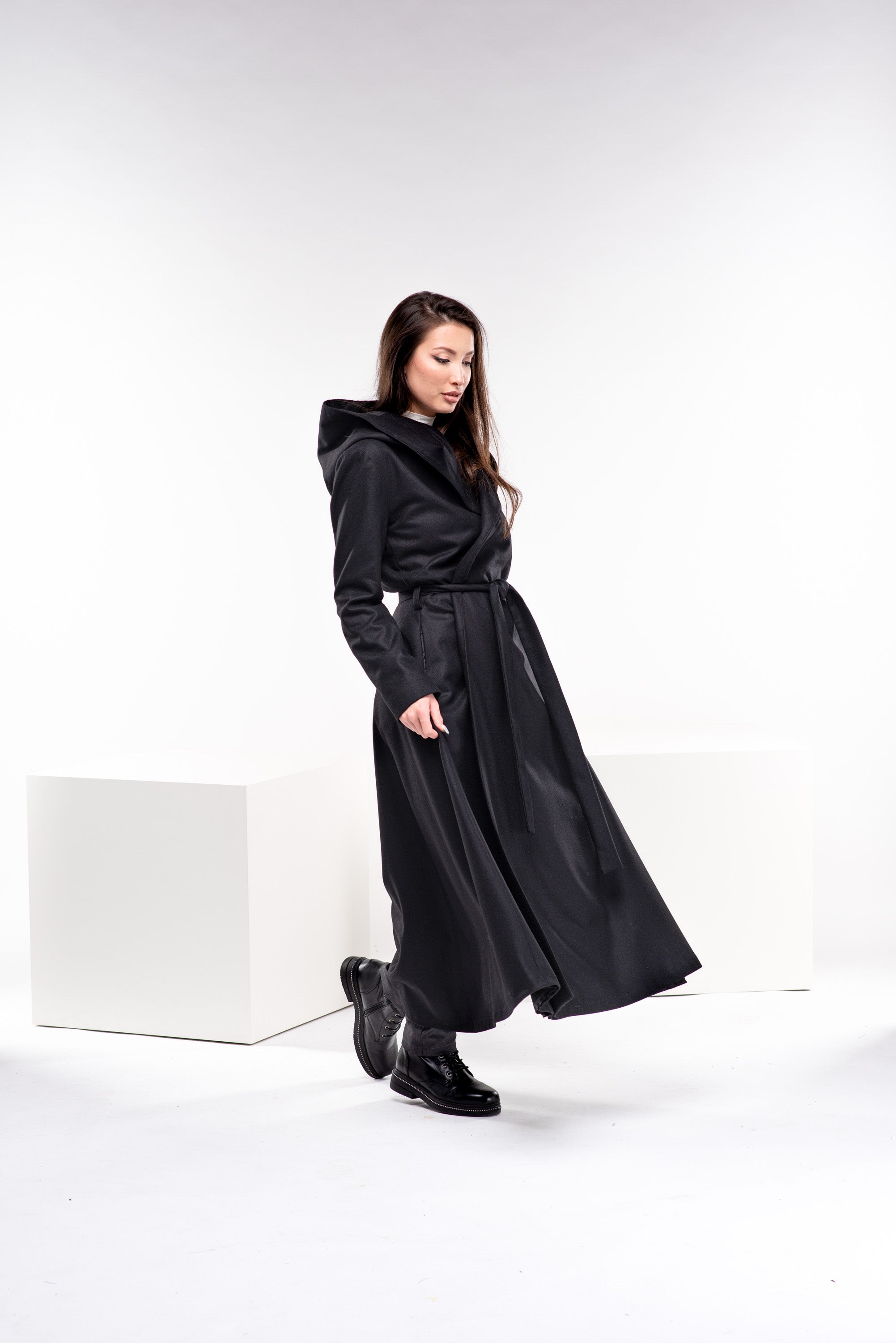 Hooded Wool Coat with Belt