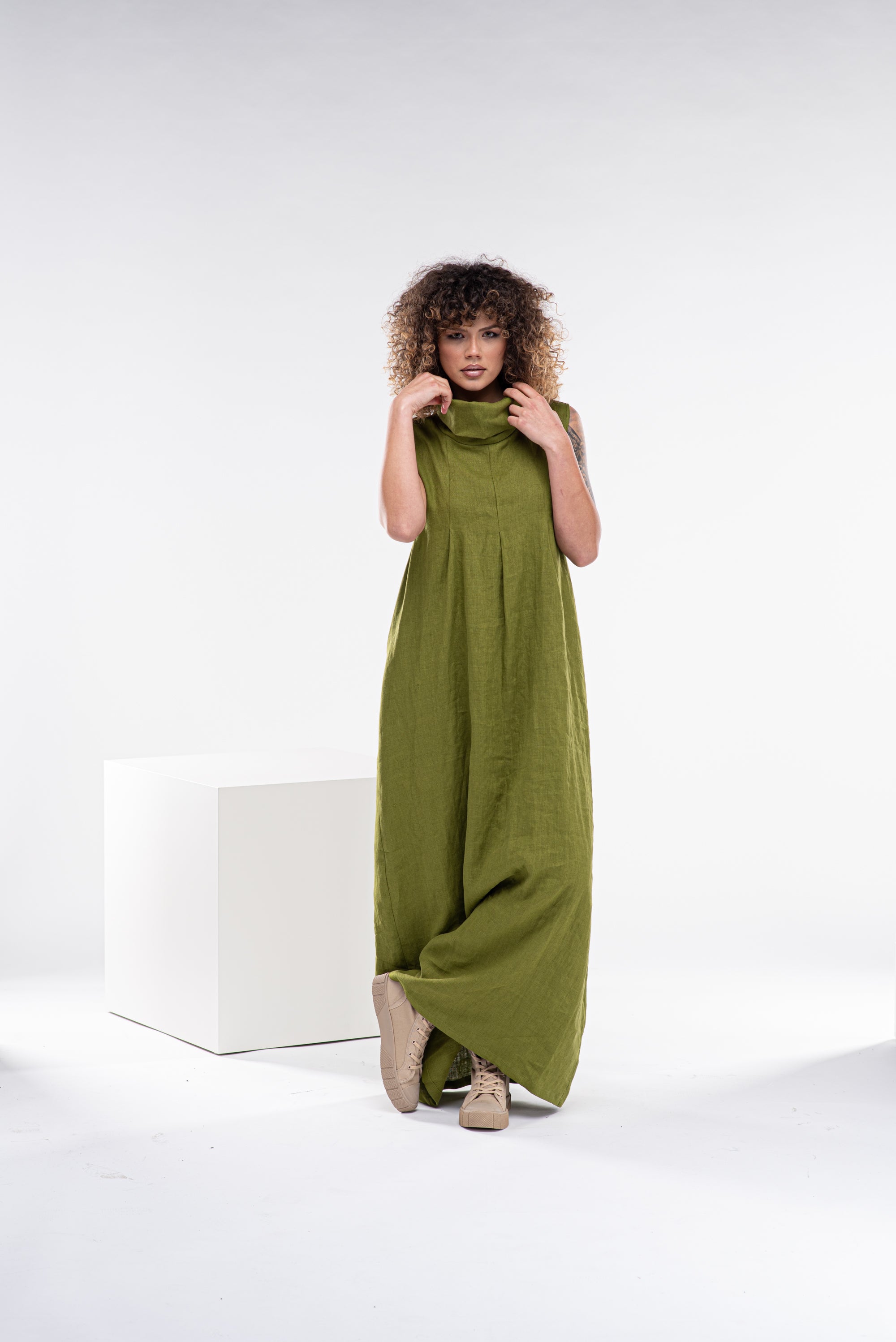 Long Turtleneck Linen Dress