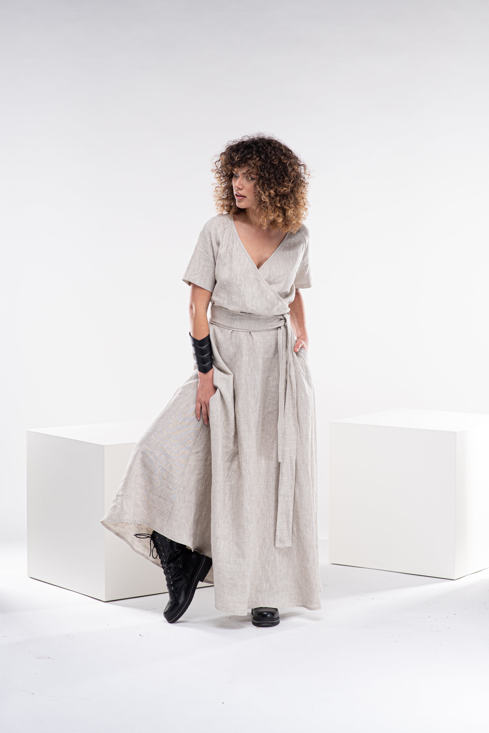 Maxi Linen Dress with Wrap Belt