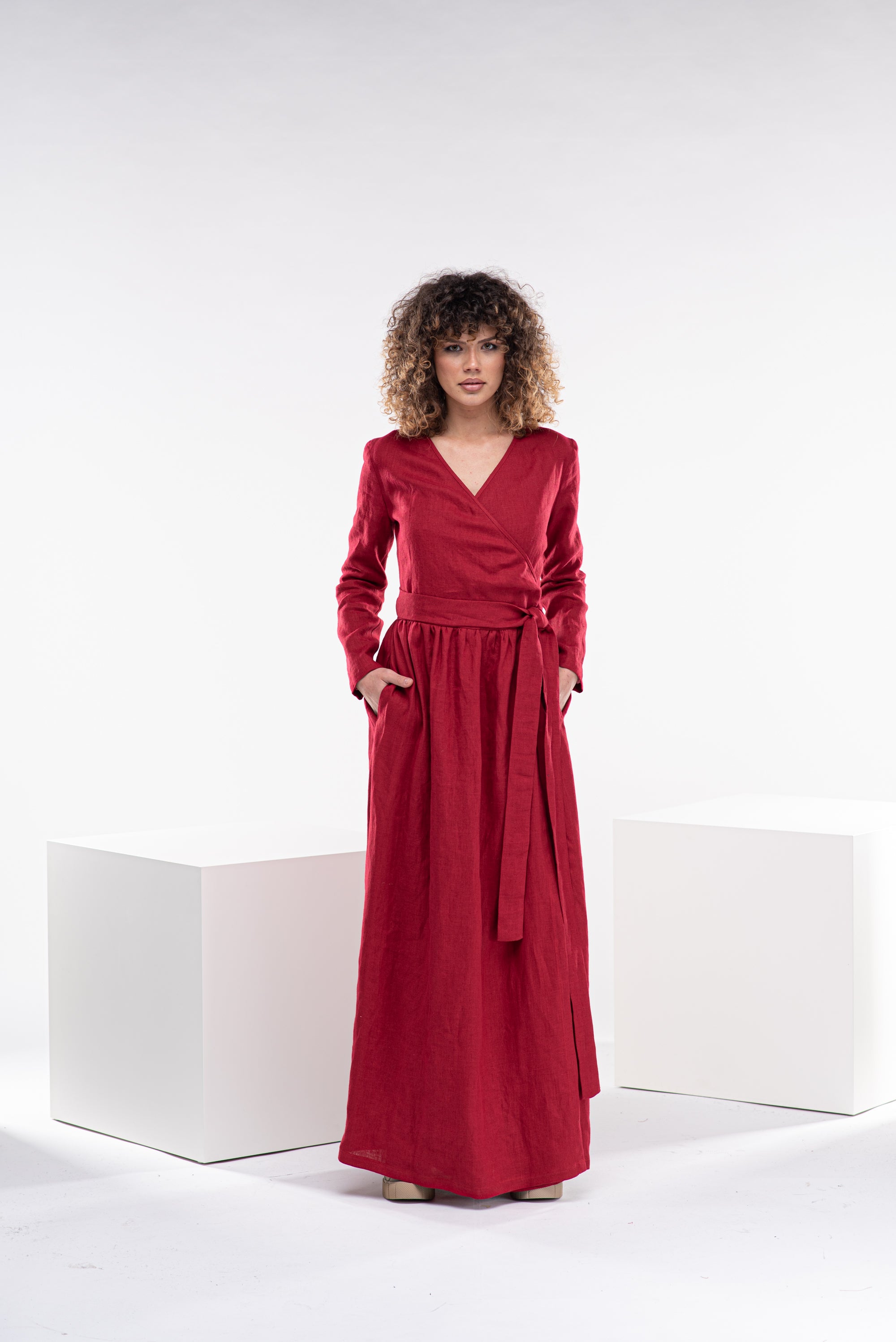 Long Linen Wrap Dress