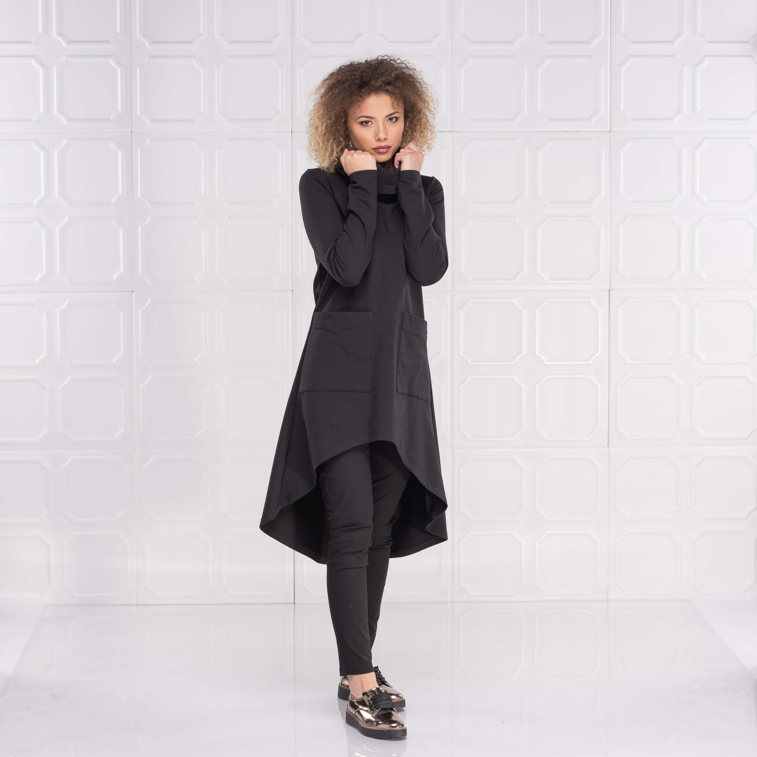 Black Long Asymmetrical Turtleneck Tunic