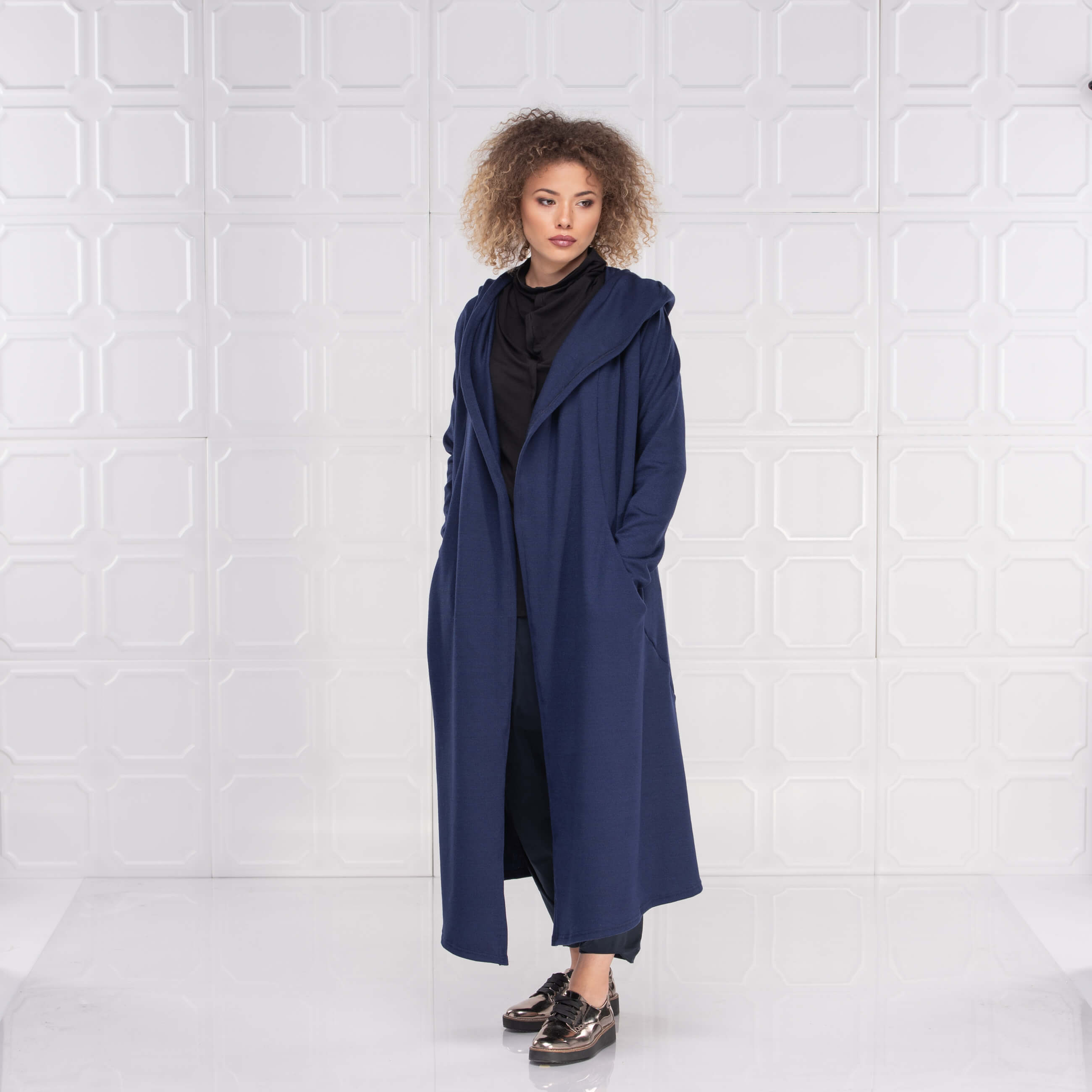 Dark Blue Winter Hooded Cardigan Coat