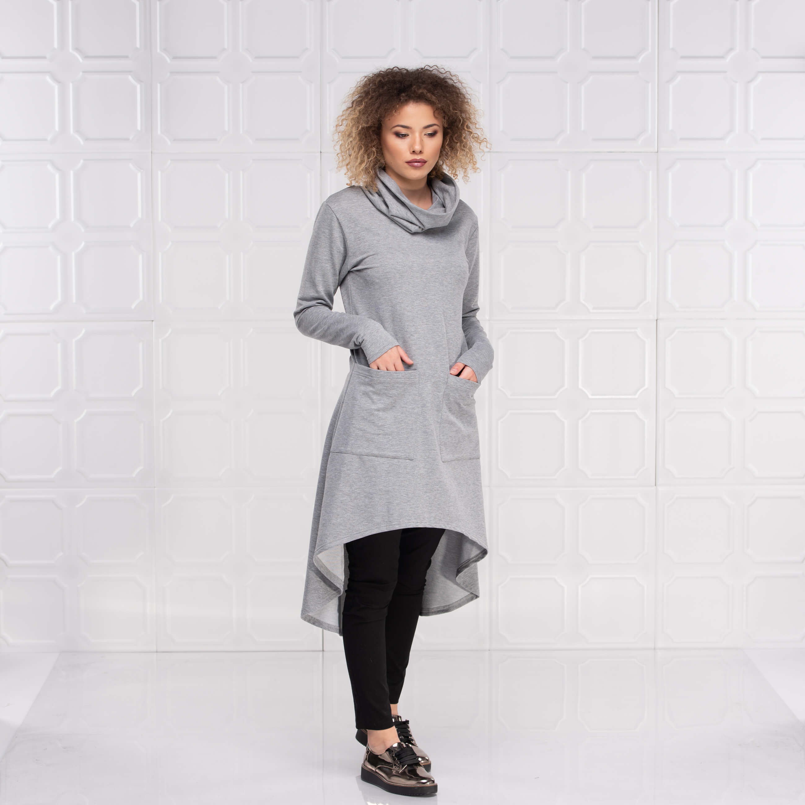 Light Grey Long Asymmetrical Turtleneck Tunic