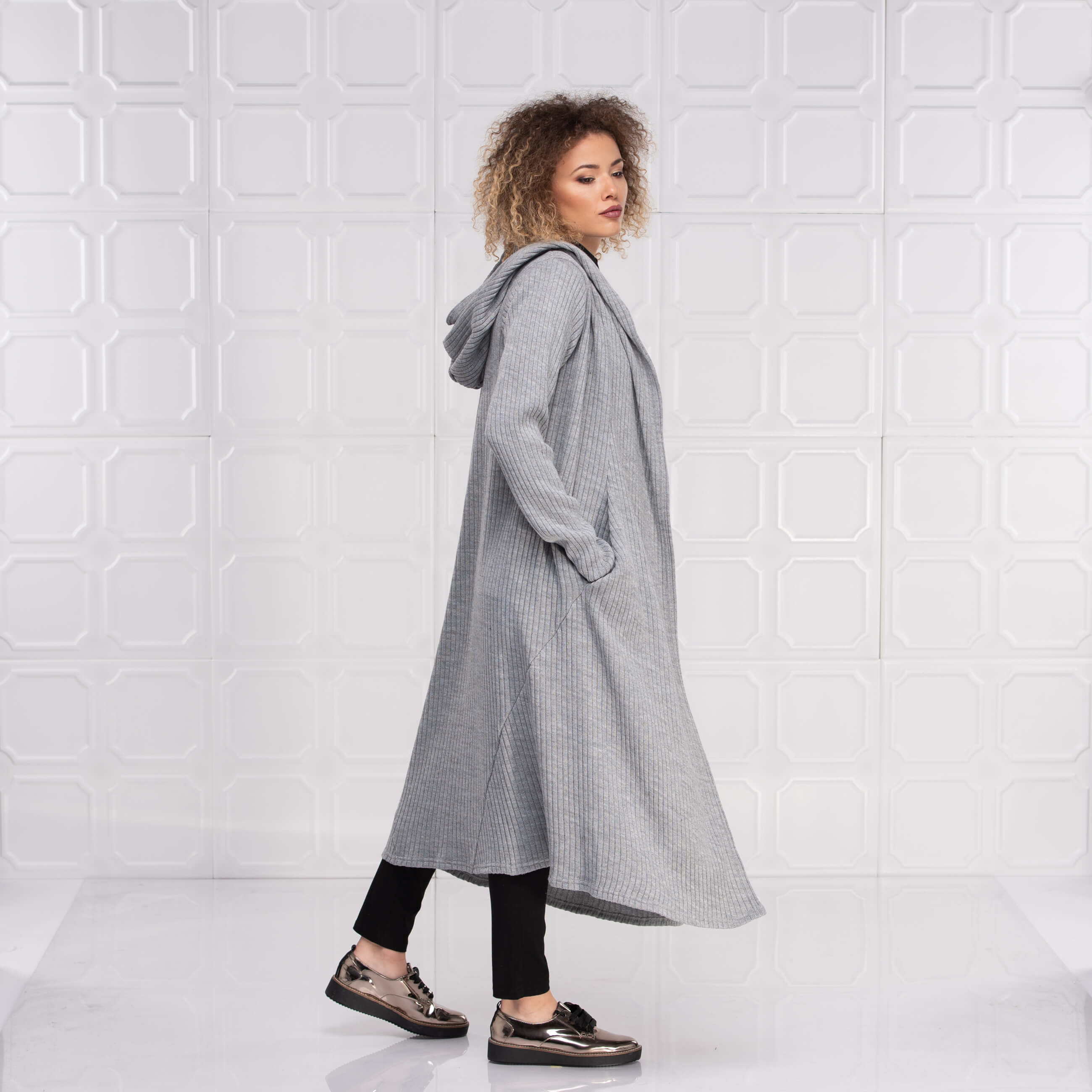 Light Grey Long Wool Hooded Cardigan