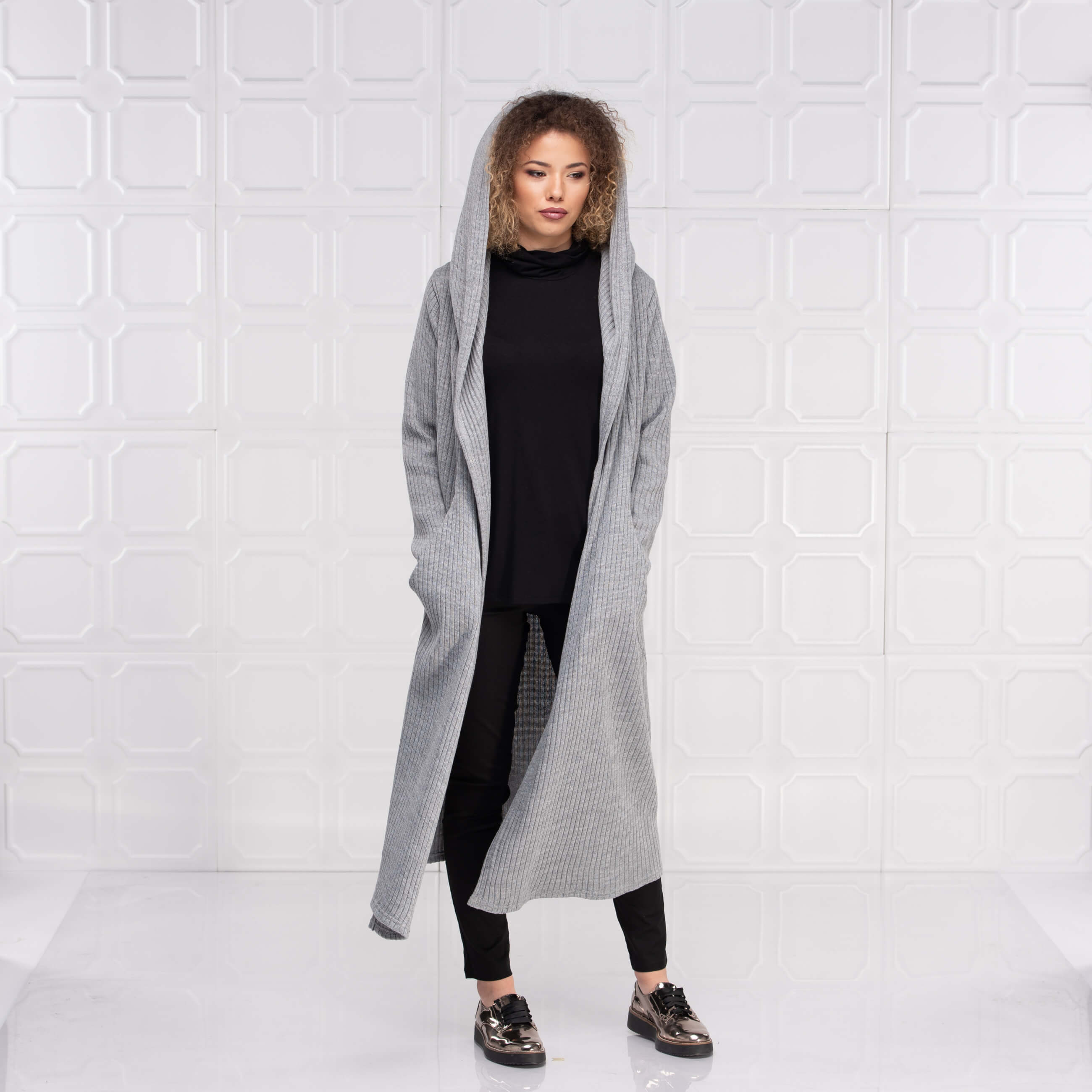 Light Grey Long Wool Hooded Cardigan