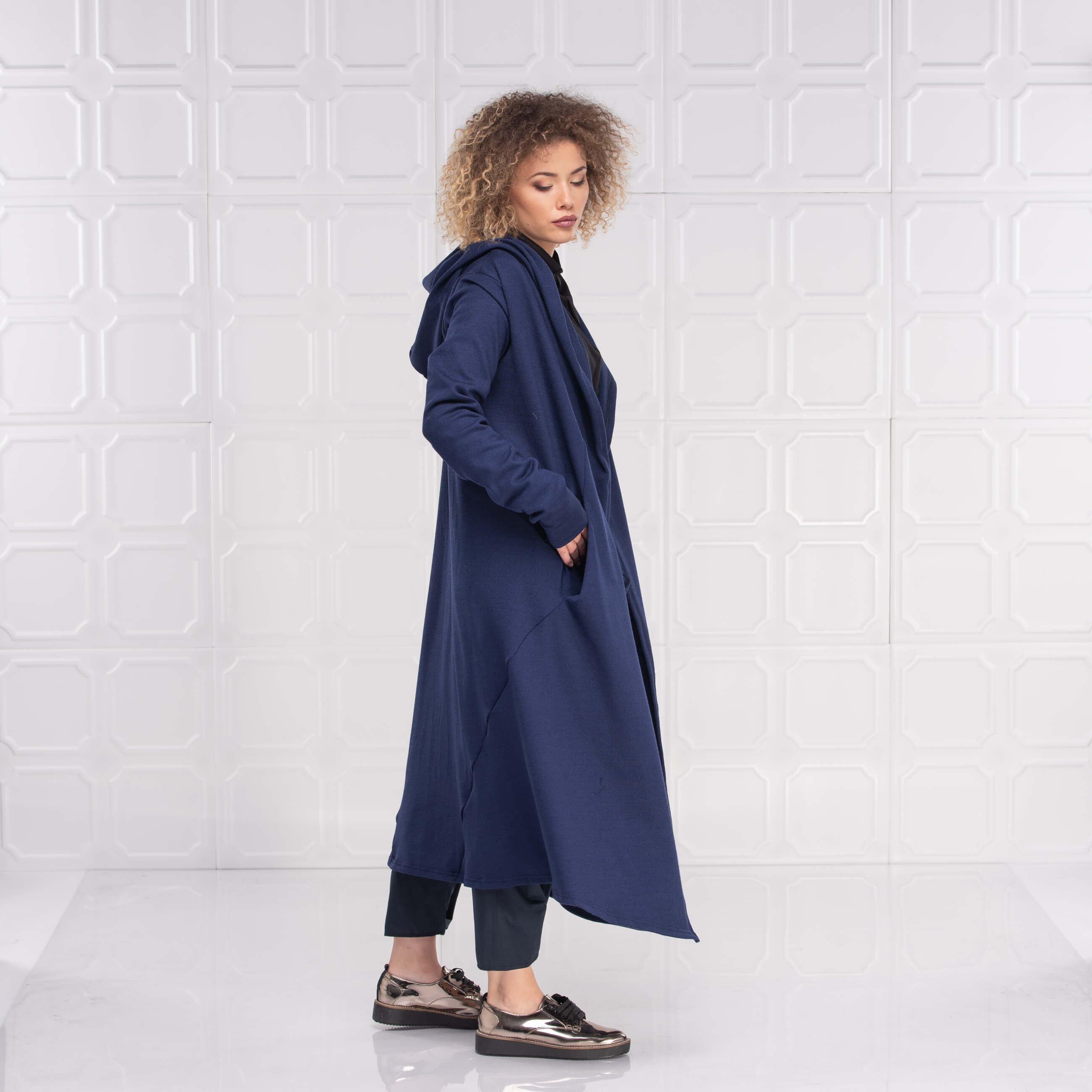 Dark Blue Winter Hooded Cardigan Coat