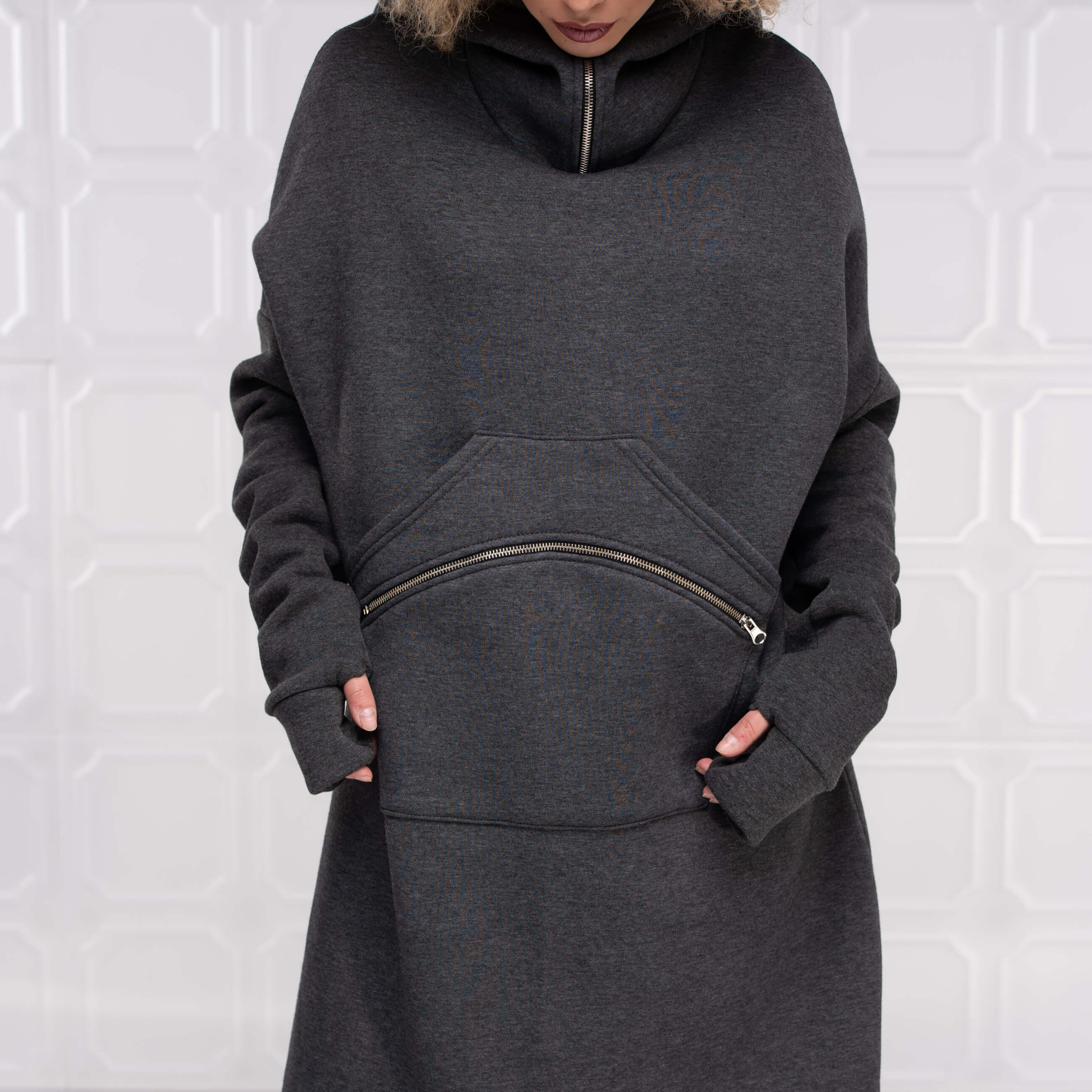 Dark Grey Long Hooded Sweatshirt Tunic