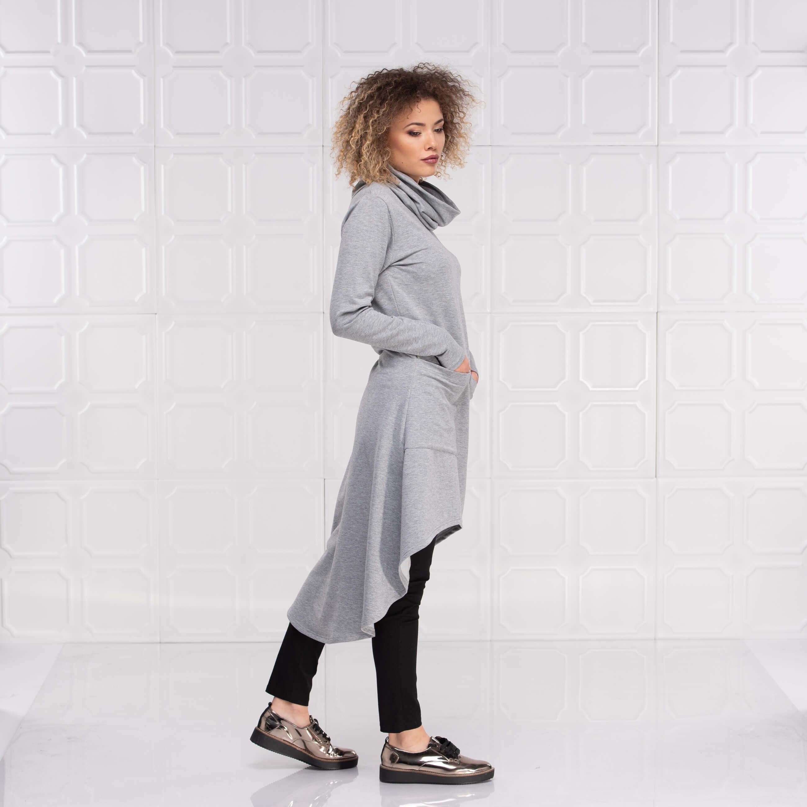 Light Grey Long Asymmetrical Turtleneck Tunic