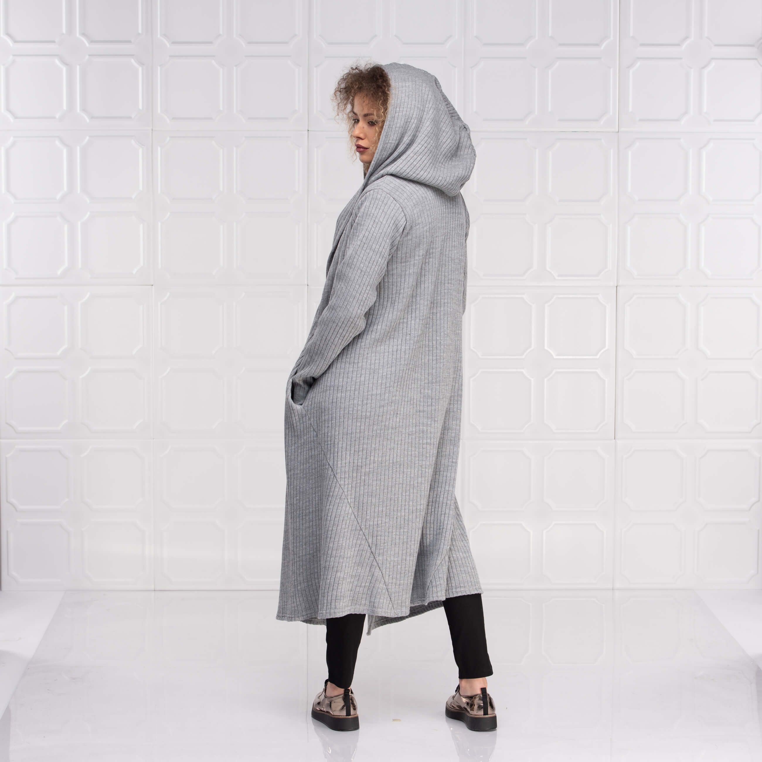 Light Grey Long Wool Hooded Cardigan