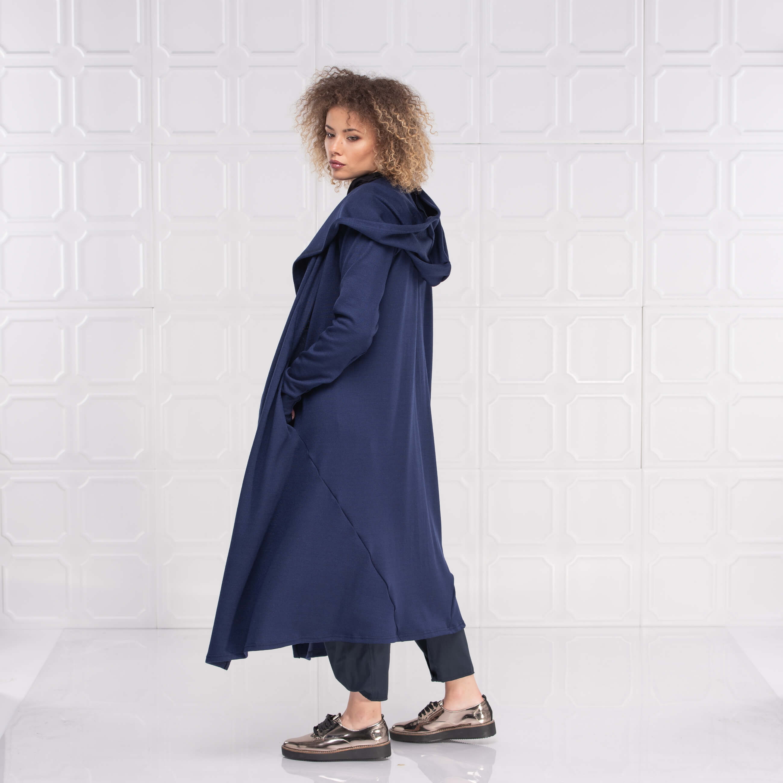 Dark Blue Winter Hooded Cardigan Coat