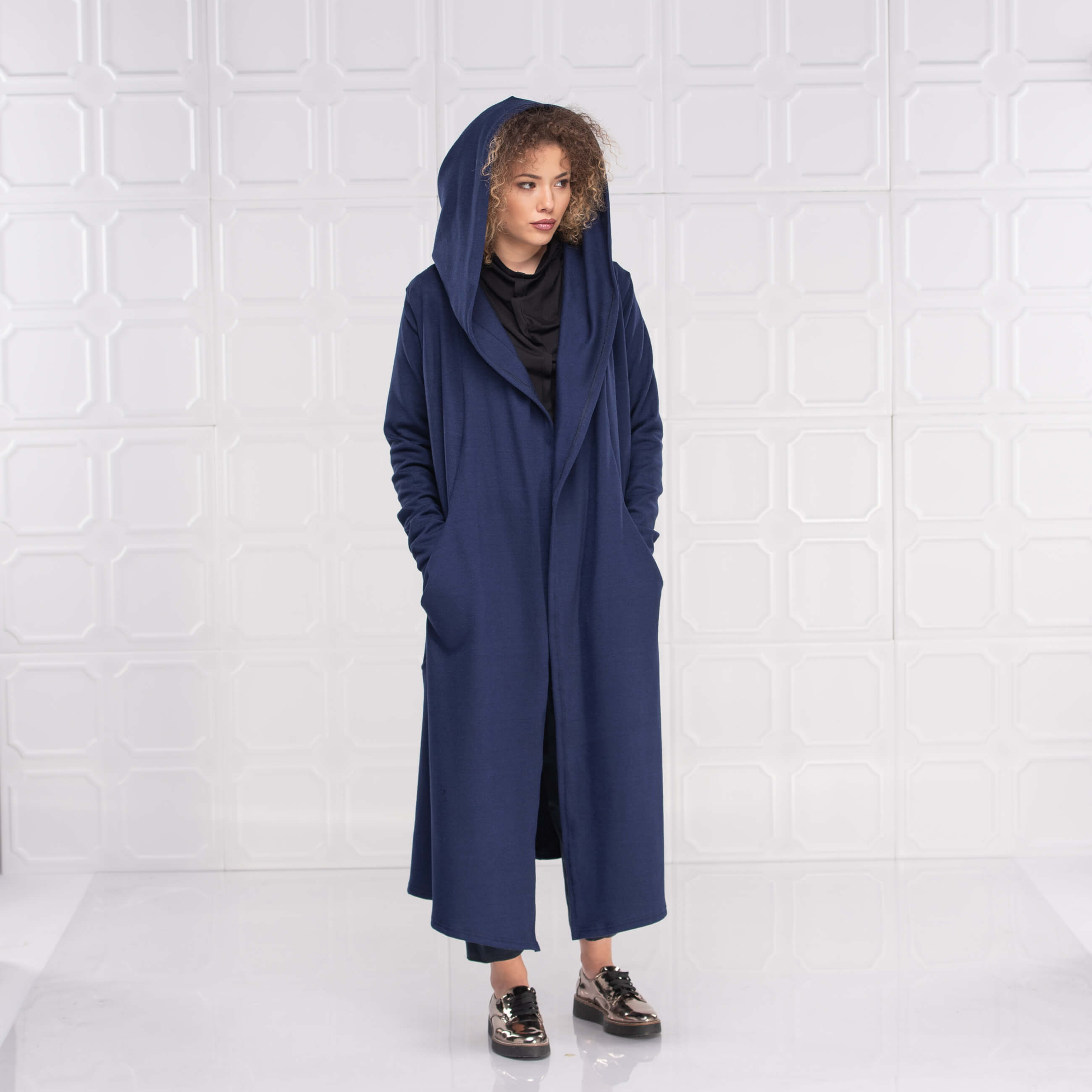 Dark Blue Winter Hooded Cardigan Coat