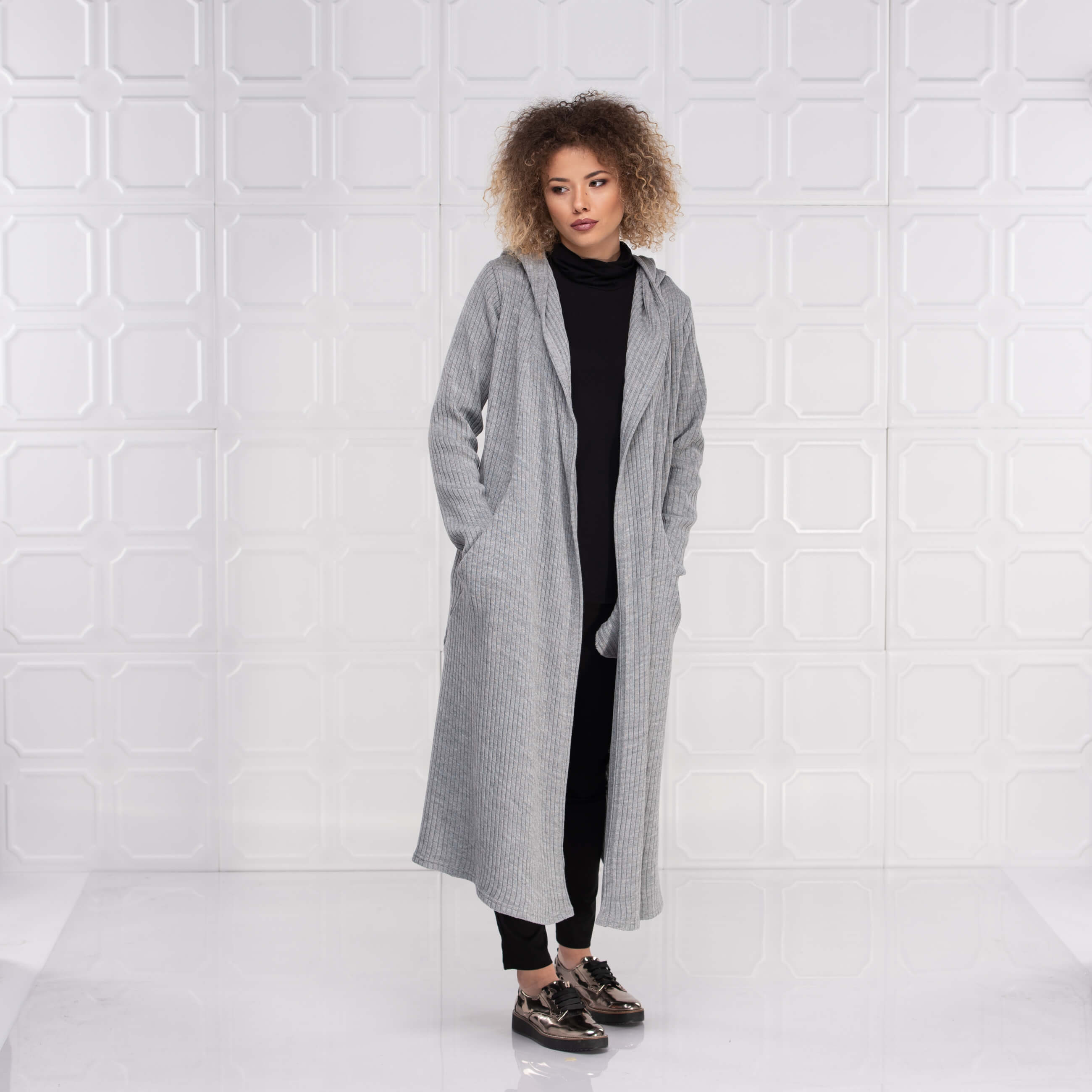 Light Grey Long Wool Hooded Cardigan