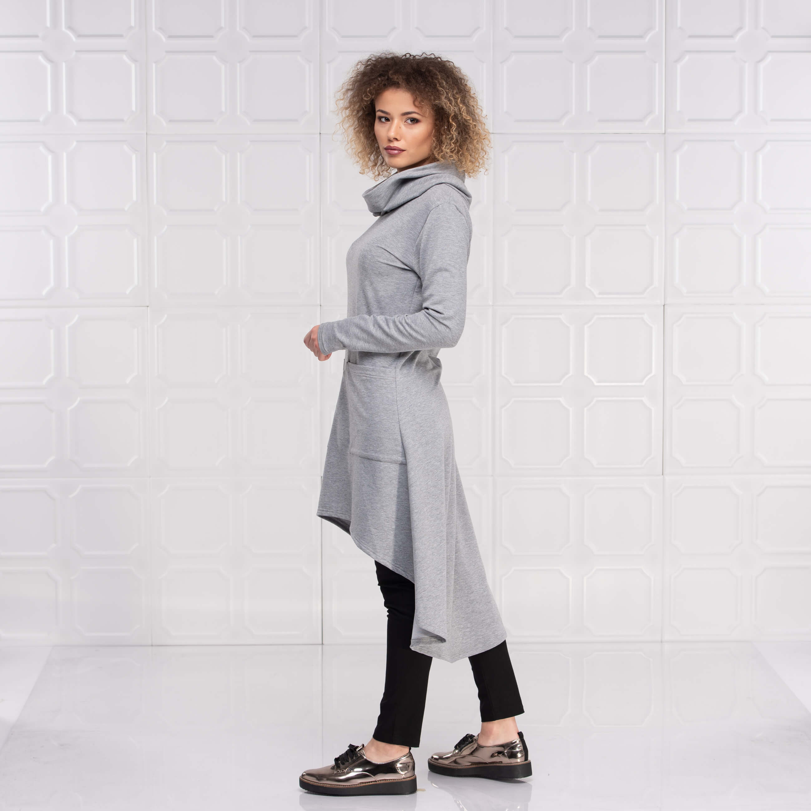 Light Grey Long Asymmetrical Turtleneck Tunic