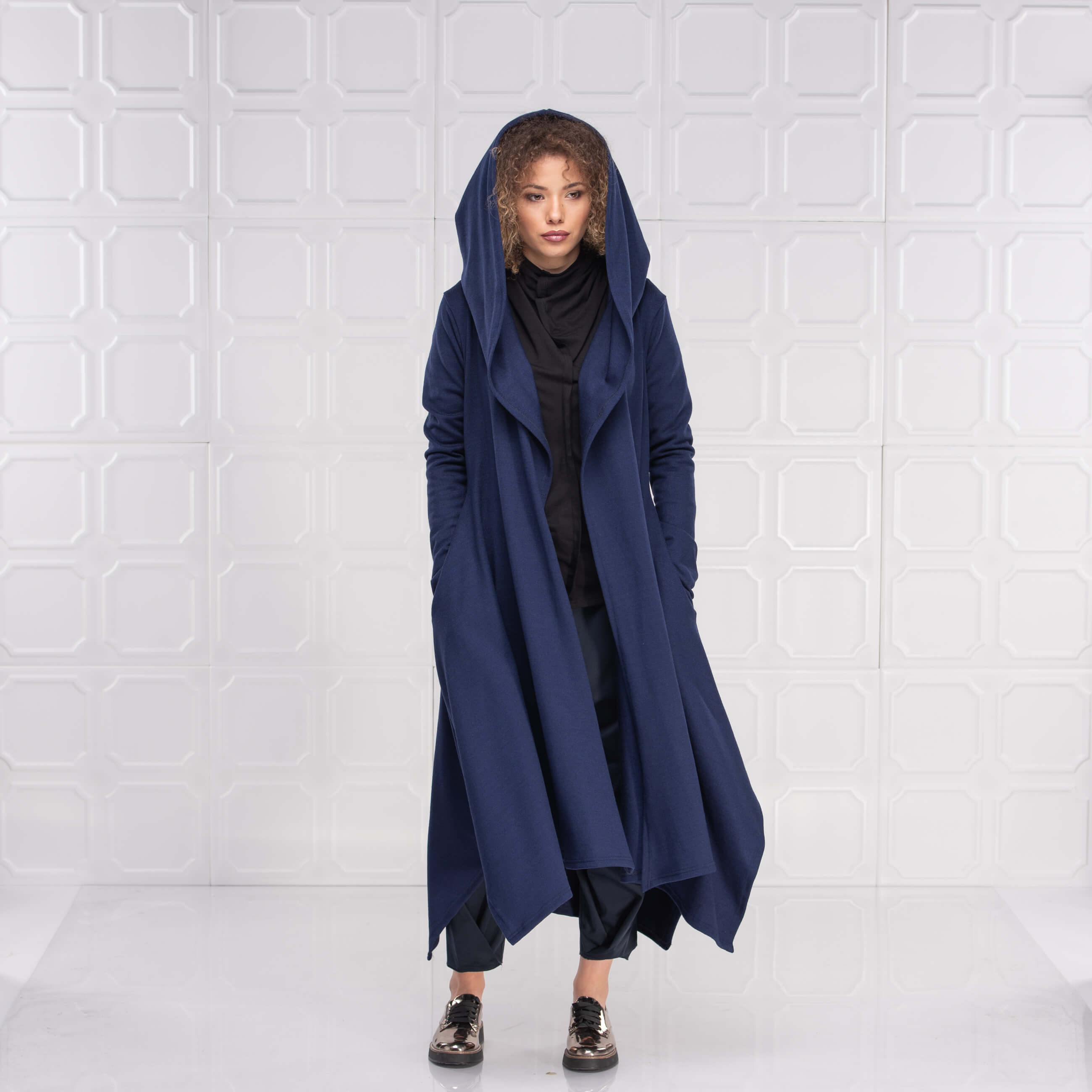 Dark Blue Loose Cloak with Hood