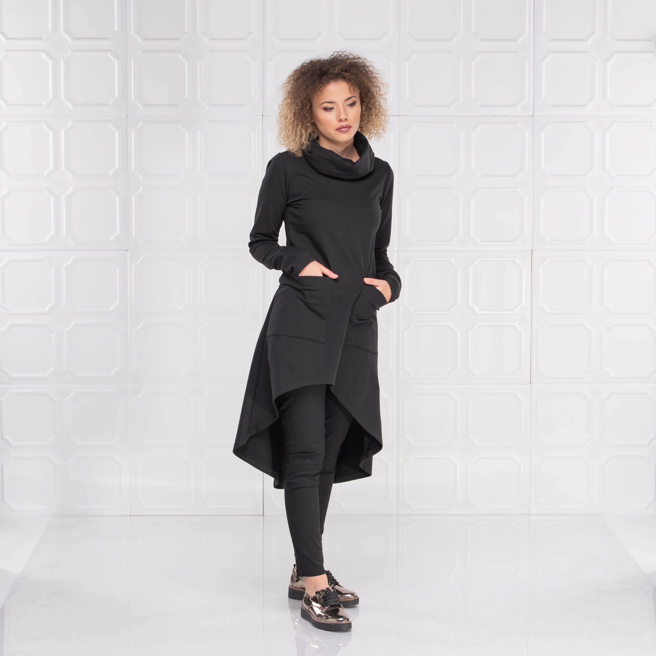 Black Long Asymmetrical Turtleneck Tunic