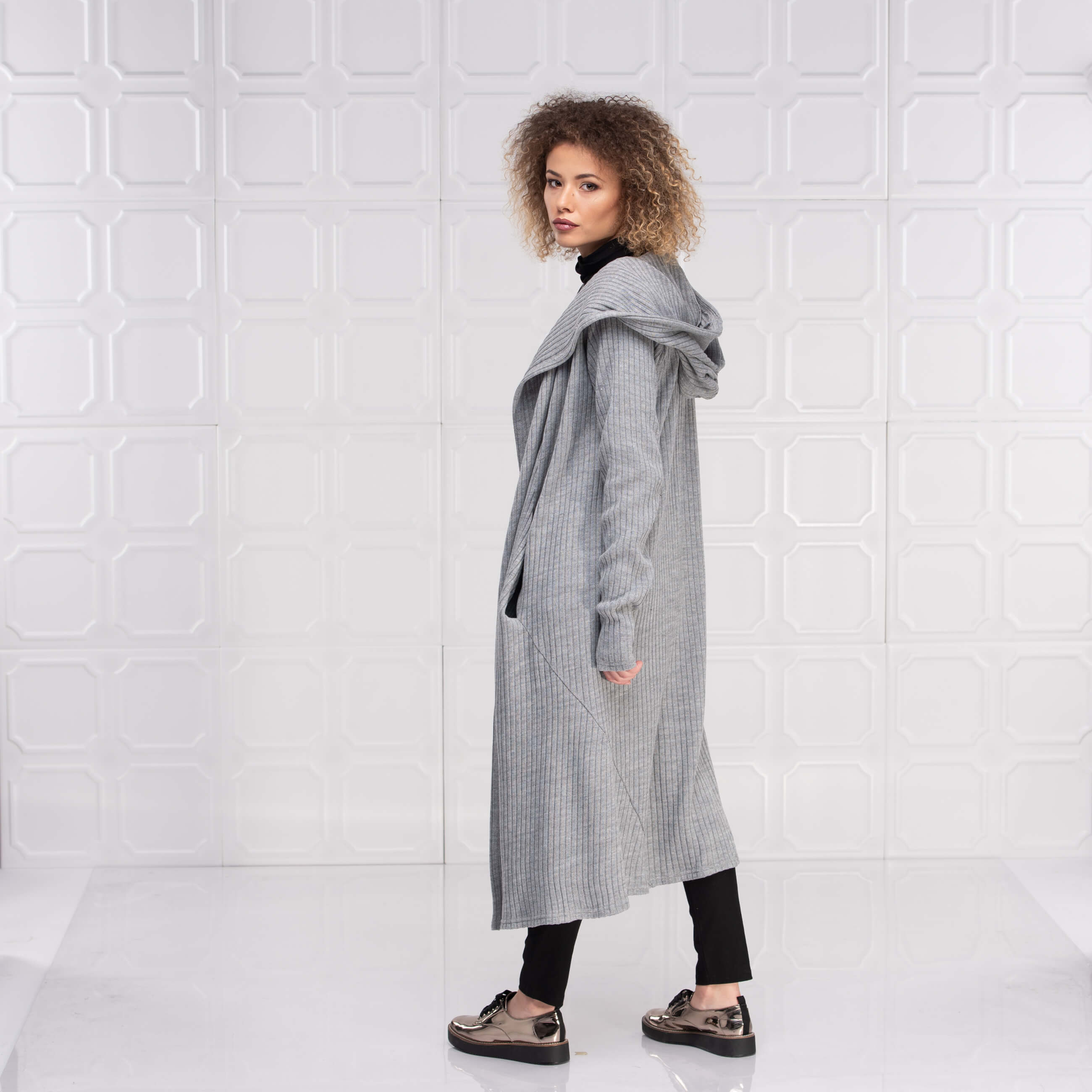 Light Grey Long Wool Hooded Cardigan