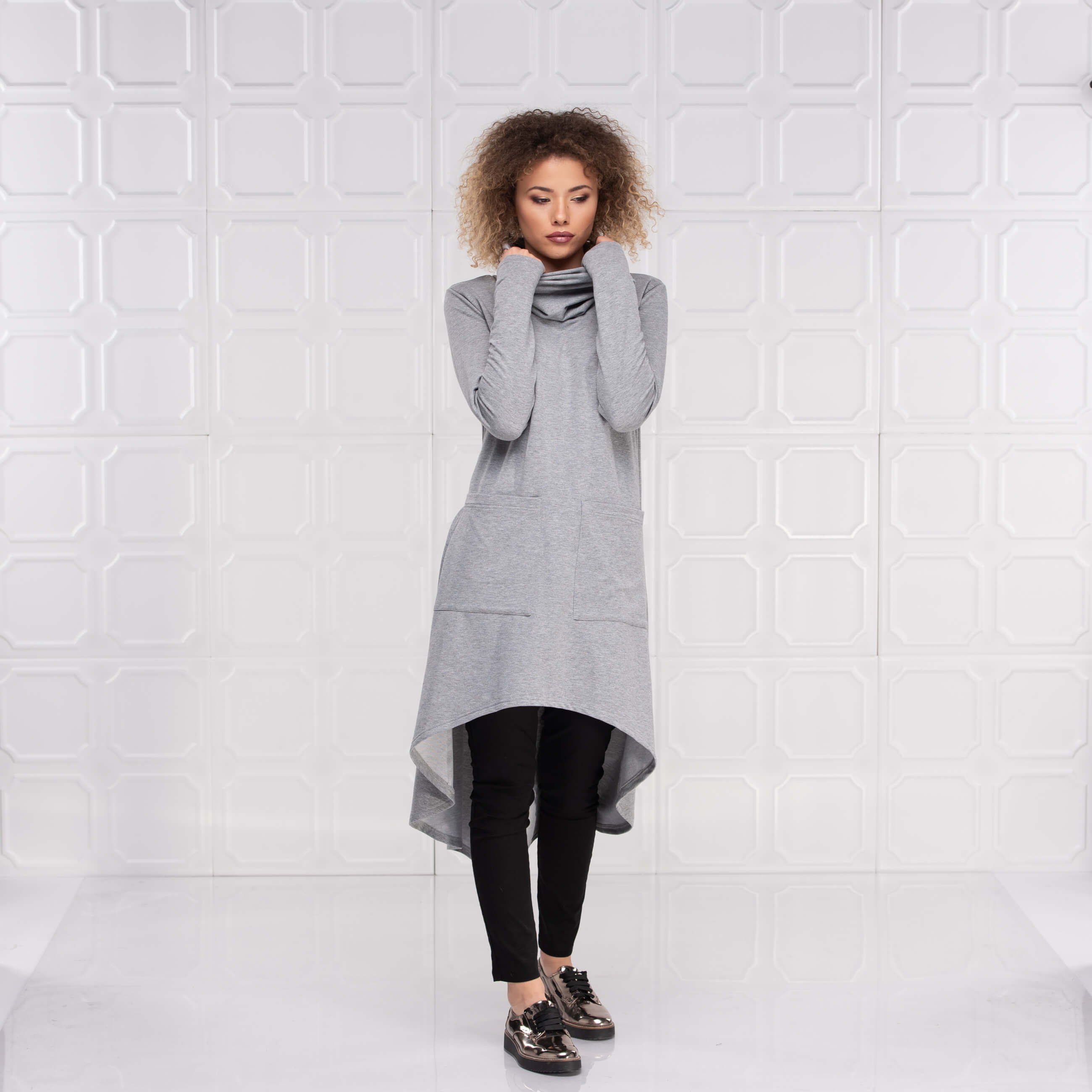 Light Grey Long Asymmetrical Turtleneck Tunic