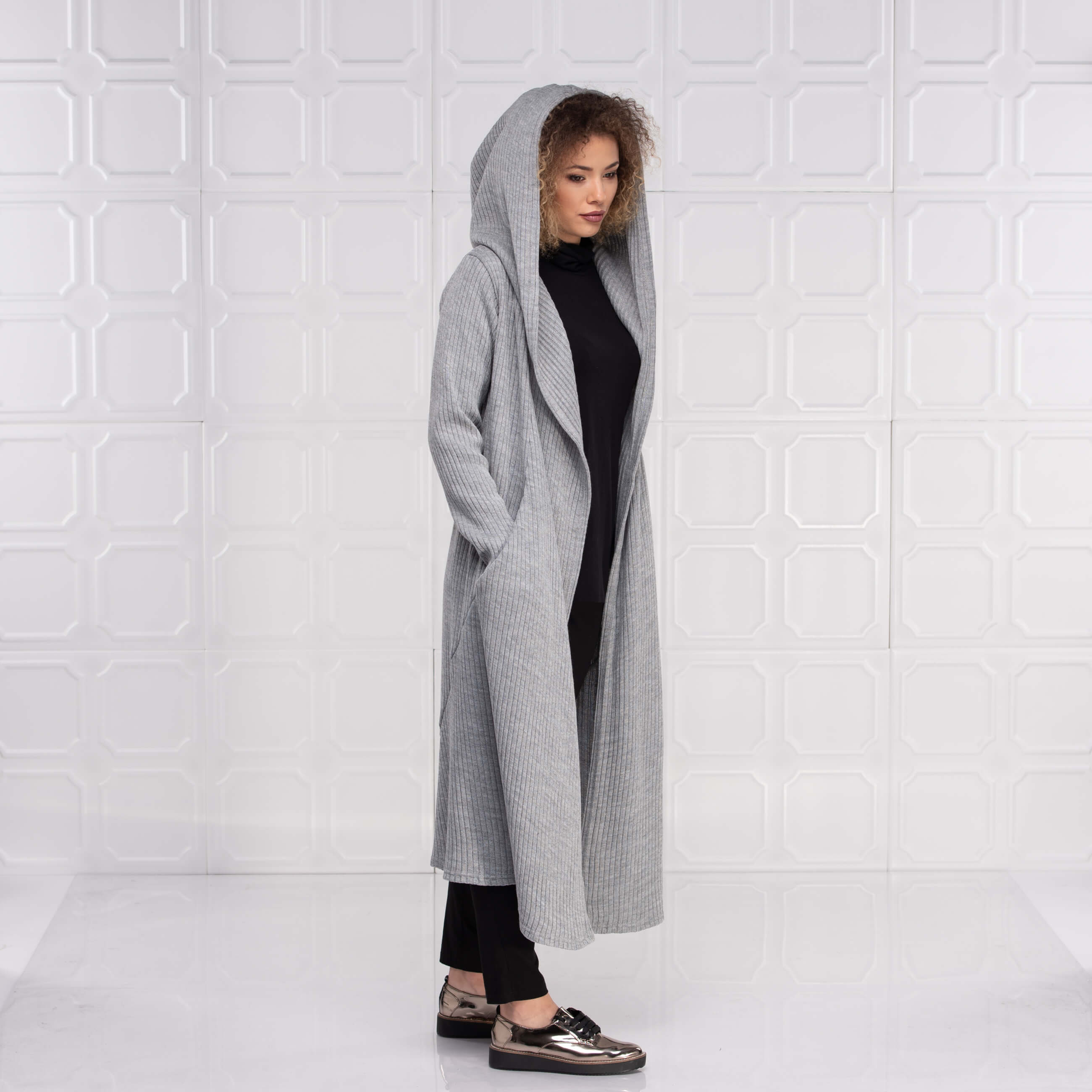 Light Grey Long Wool Hooded Cardigan