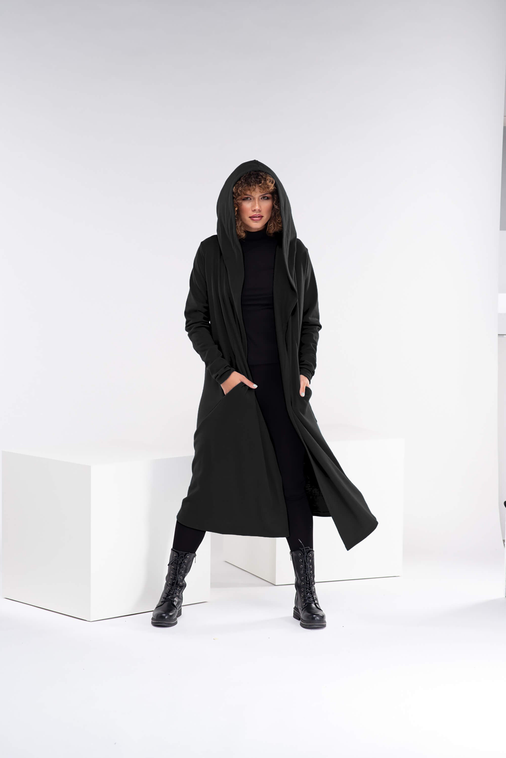 Black Winter Hooded Cardigan Coat