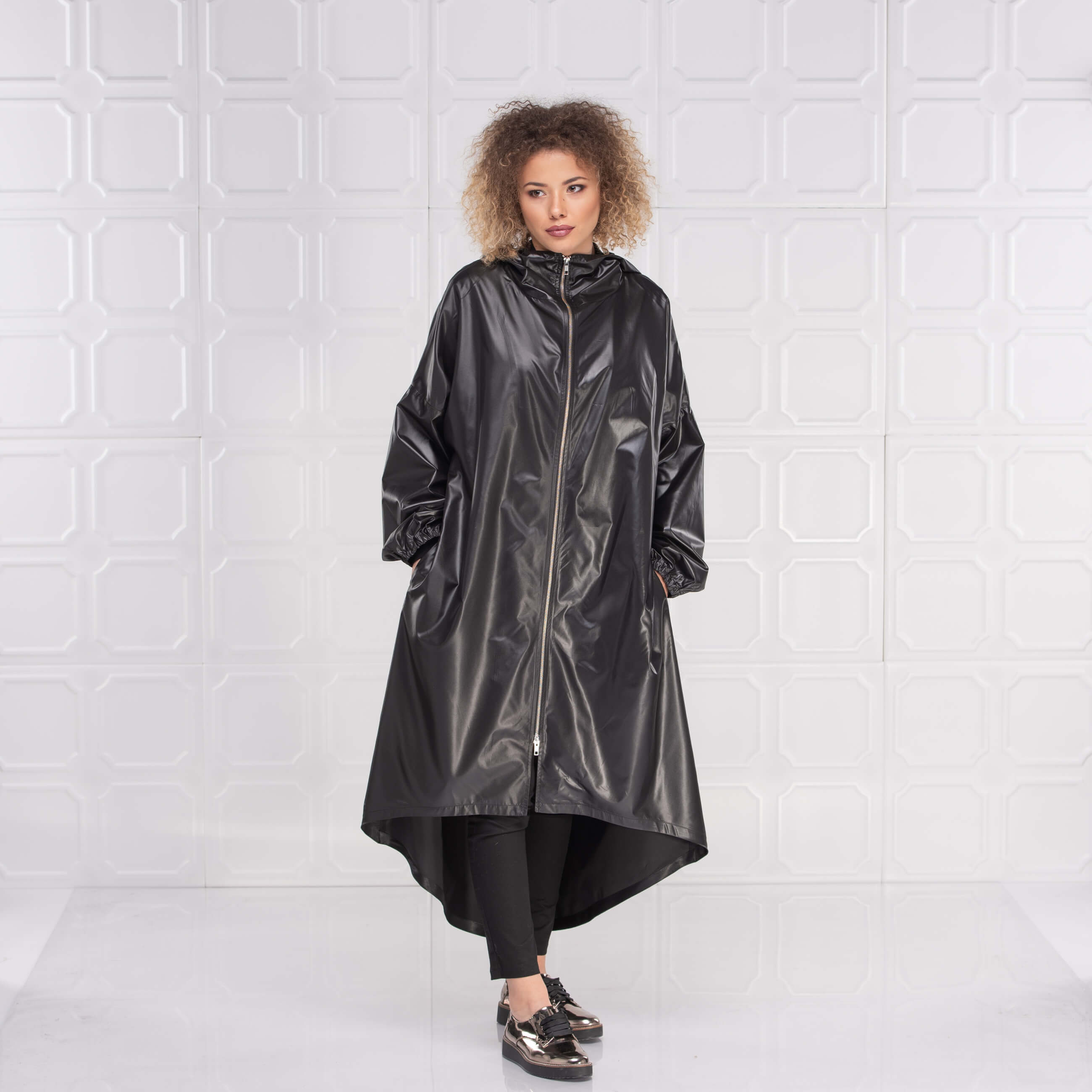 Black Oversize Hooded Rain Coat