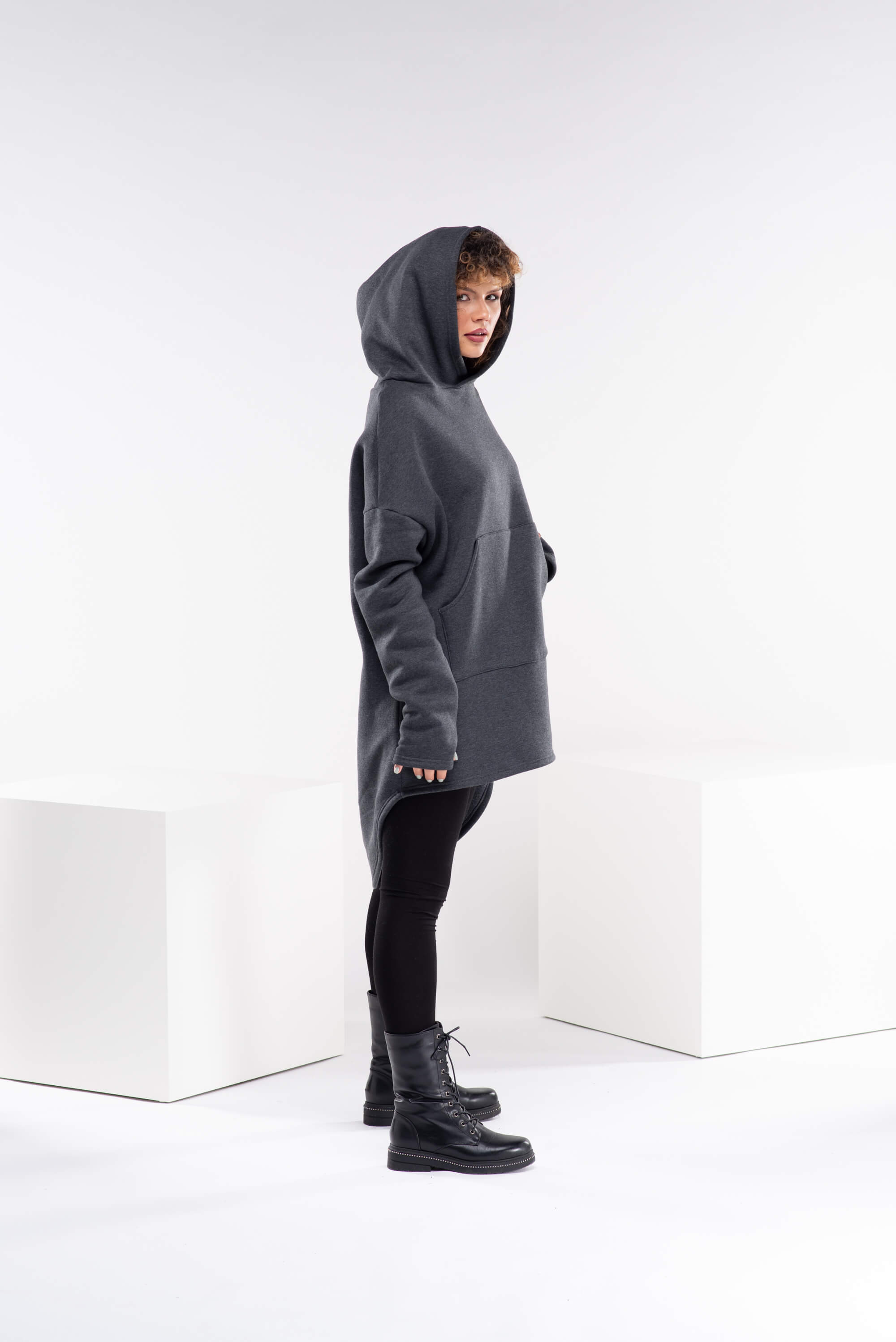 Dark Grey Asymmetric Hoodie Sweatshirt