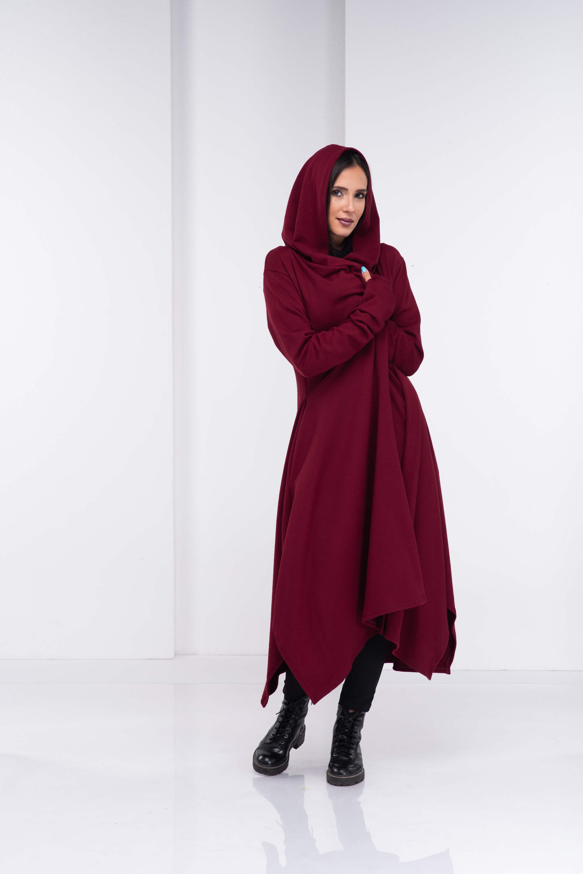 Burgundy Loose Cloak with Hood