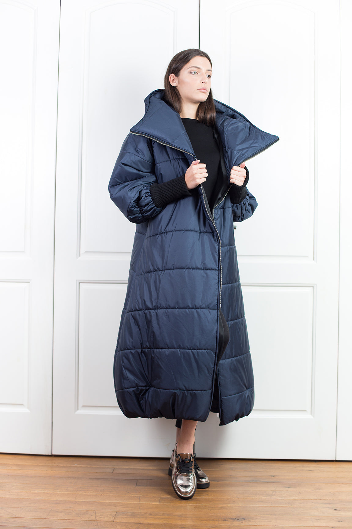 Dark Blue Hooded Puffer Down Jacket