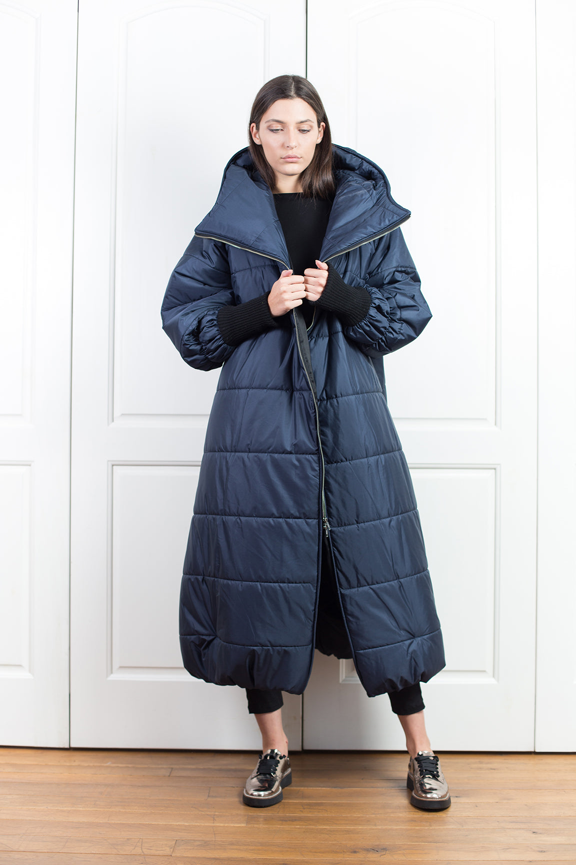 Dark Blue Hooded Puffer Down Jacket