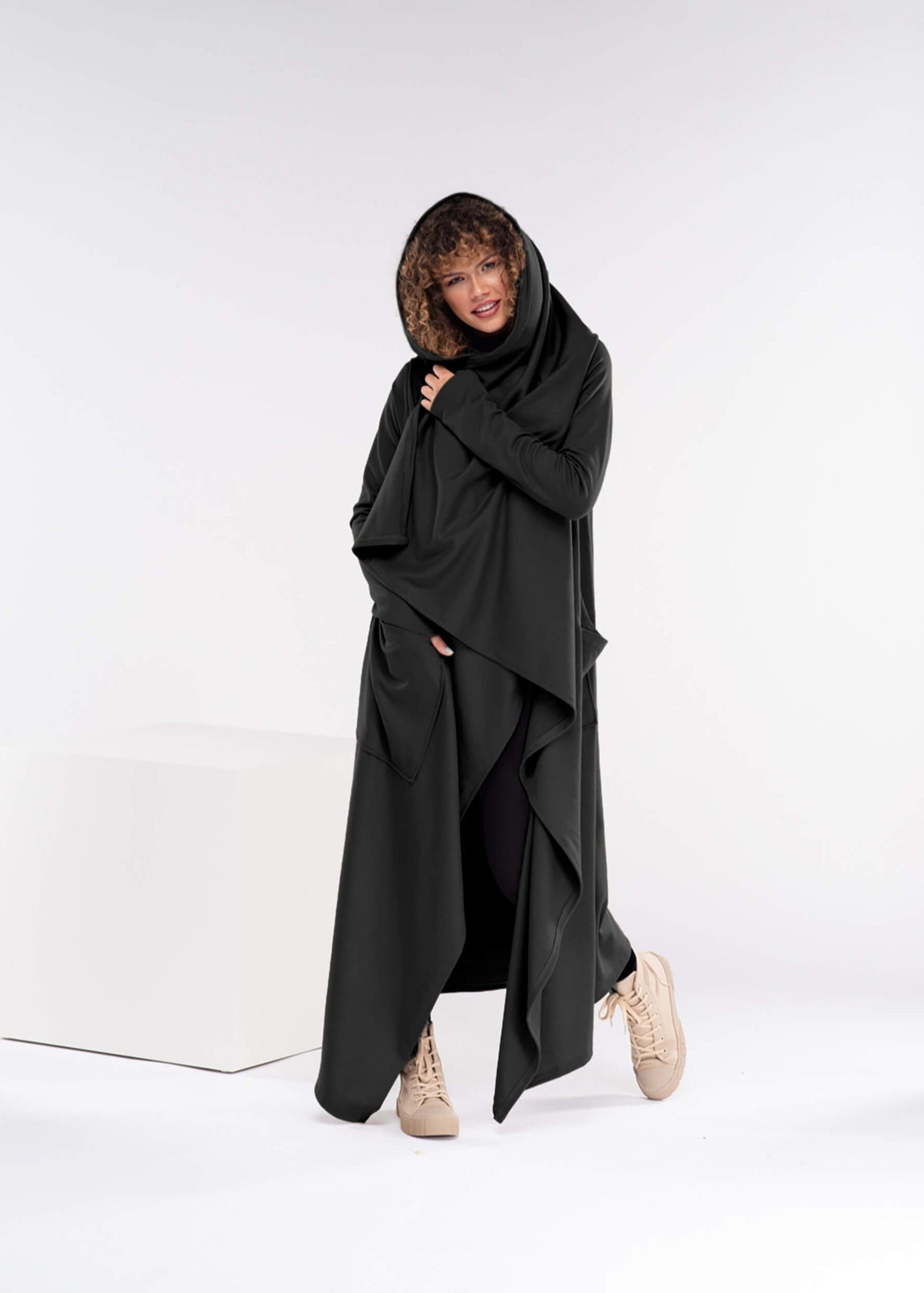 Black Long Asymmetrical Wool Cape