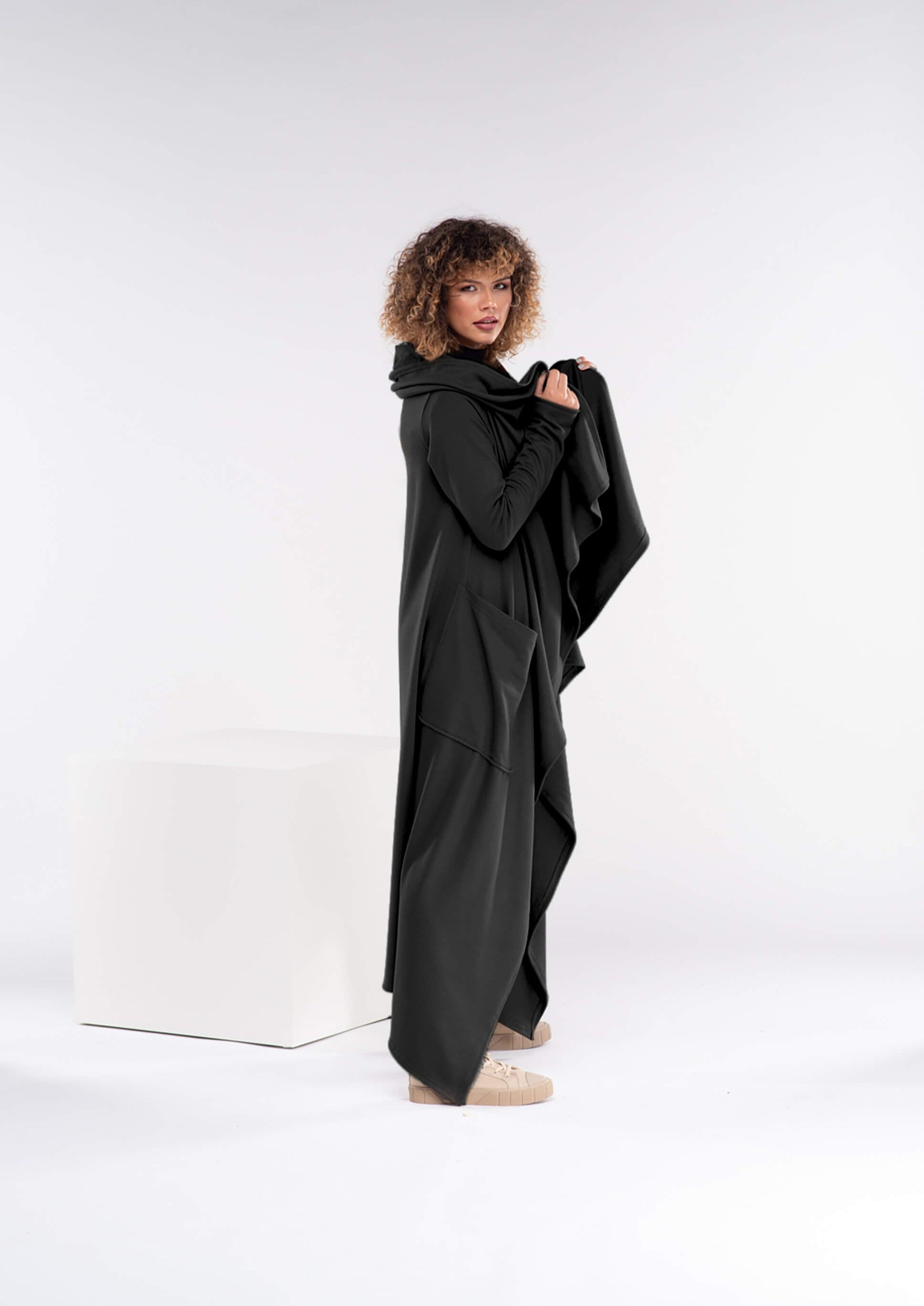 Black Long Asymmetrical Wool Cape