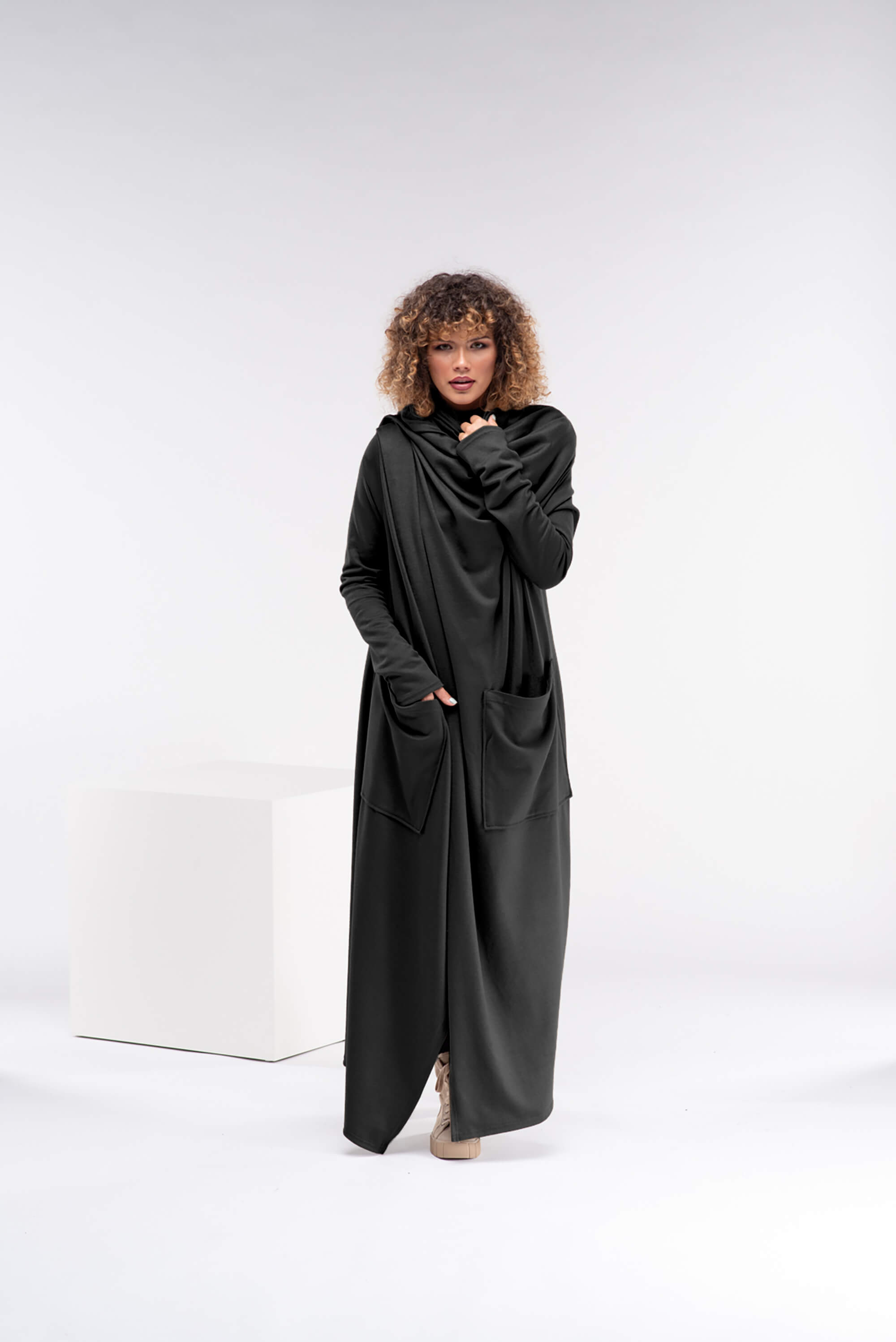 Black Long Asymmetrical Wool Cape