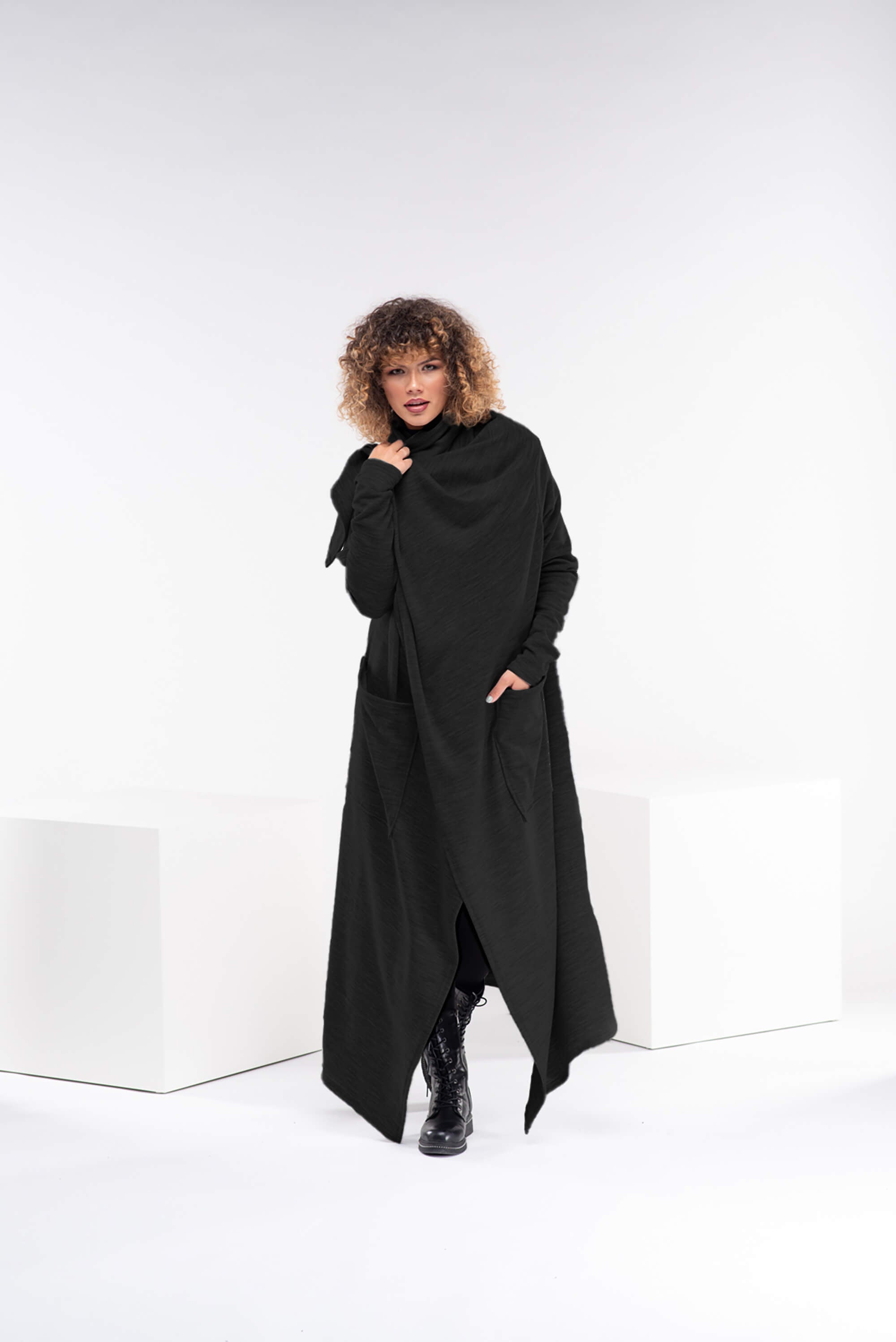 Black Long Asymmetrical Wool Cape