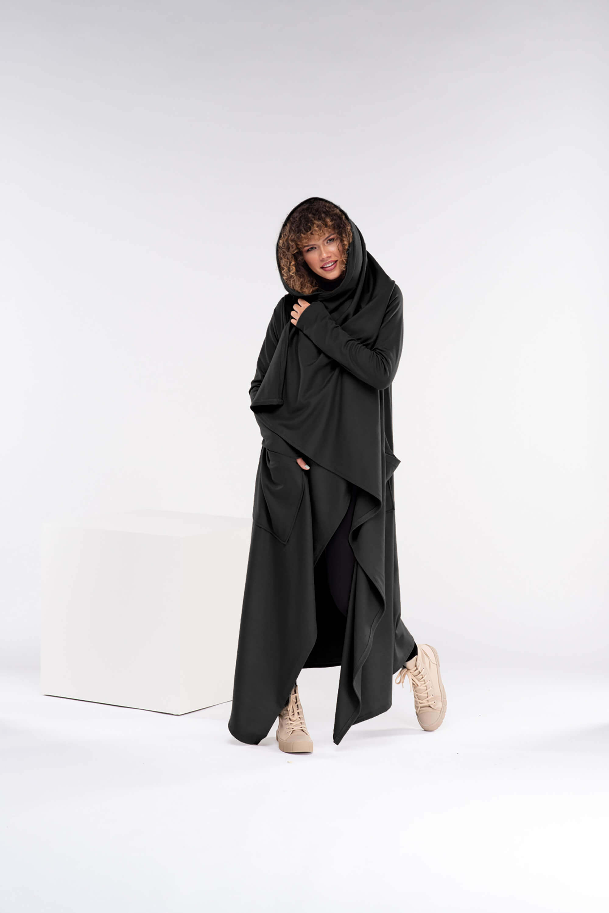 Black Long Asymmetrical Wool Cape