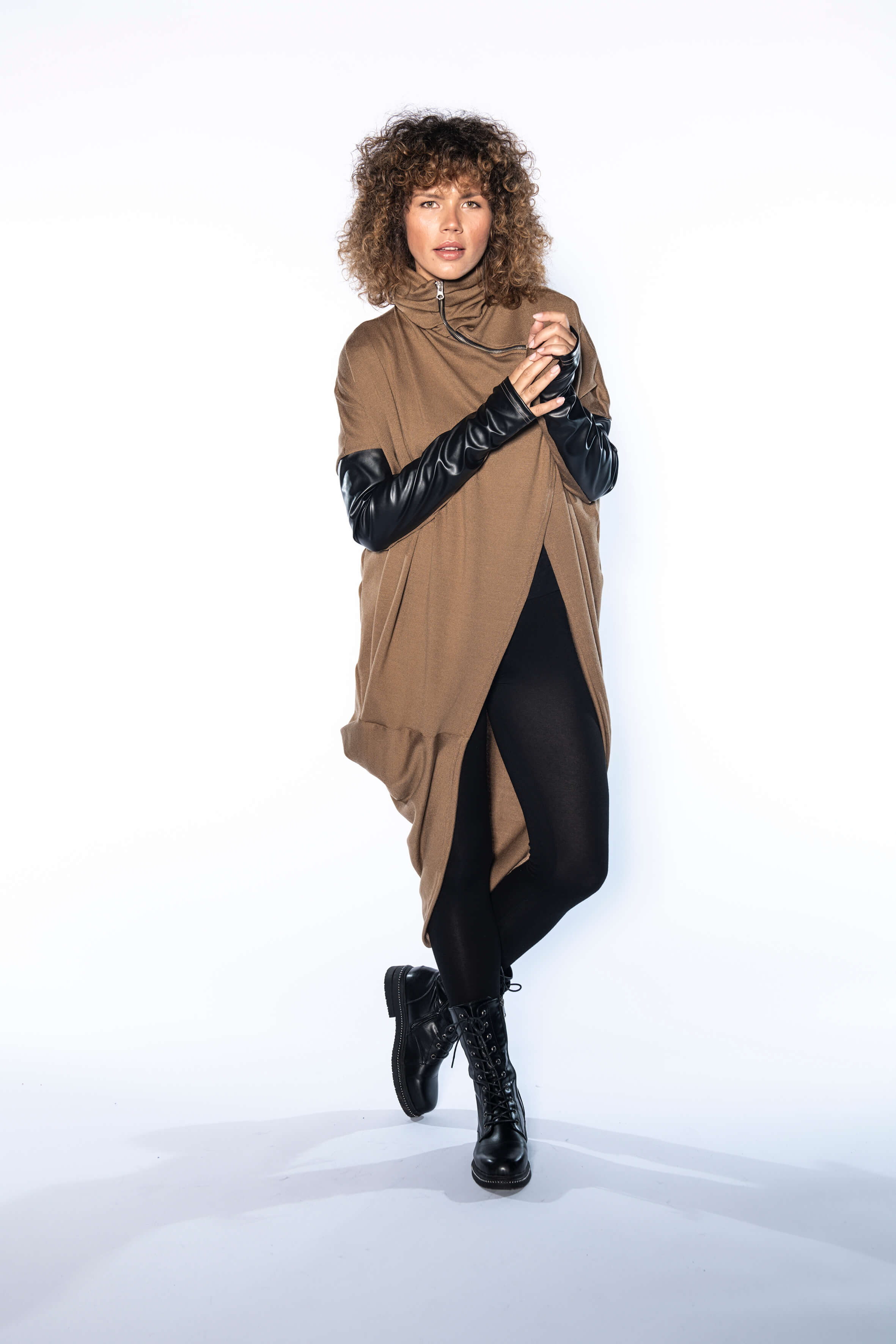 Camel Asymmetrical Wool Leather Cardigan