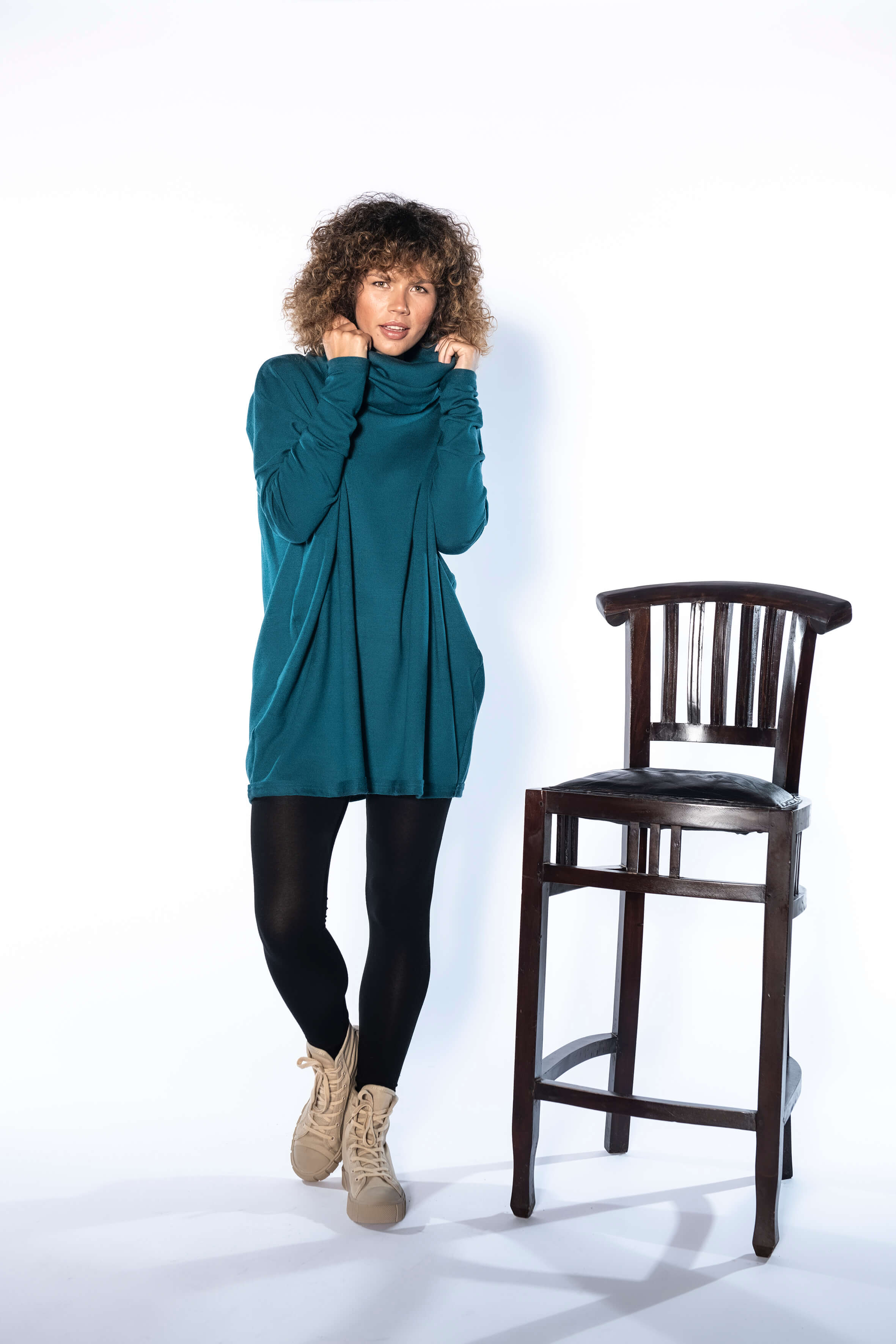 Teal Oversized Knitted Turtleneck Sweater