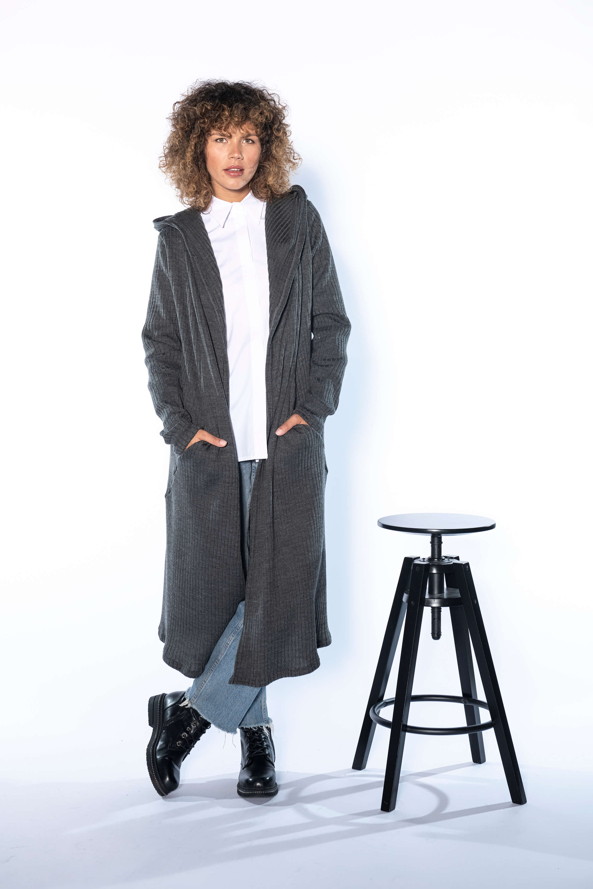 Dark Grey Long Wool Hooded Cardigan