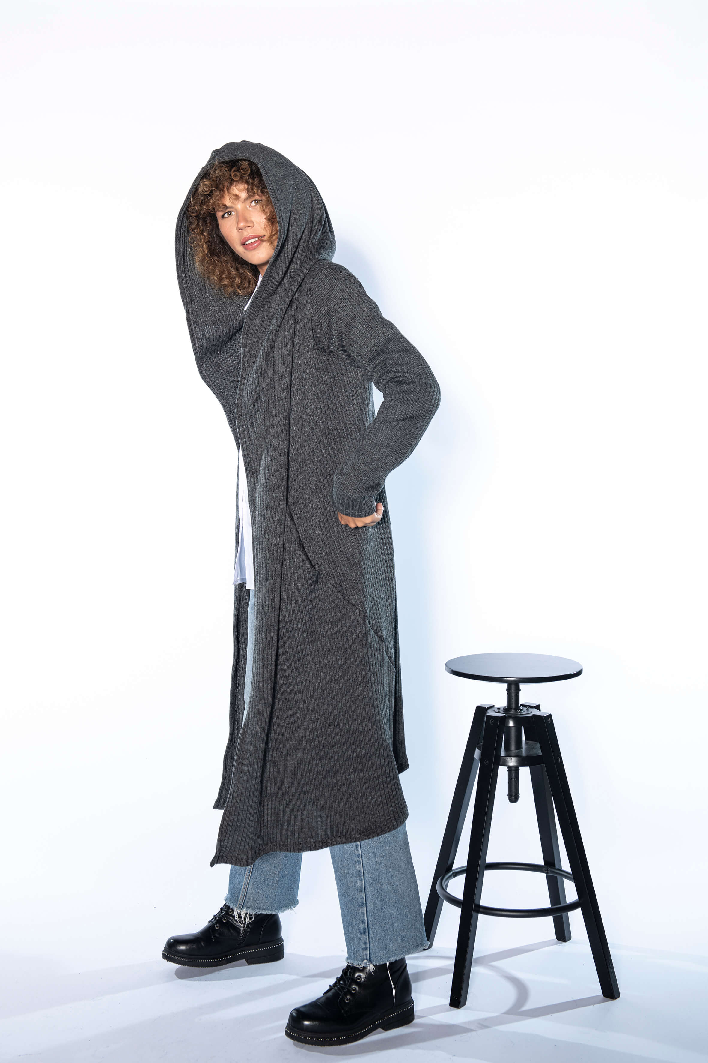 Dark Grey Long Wool Hooded Cardigan