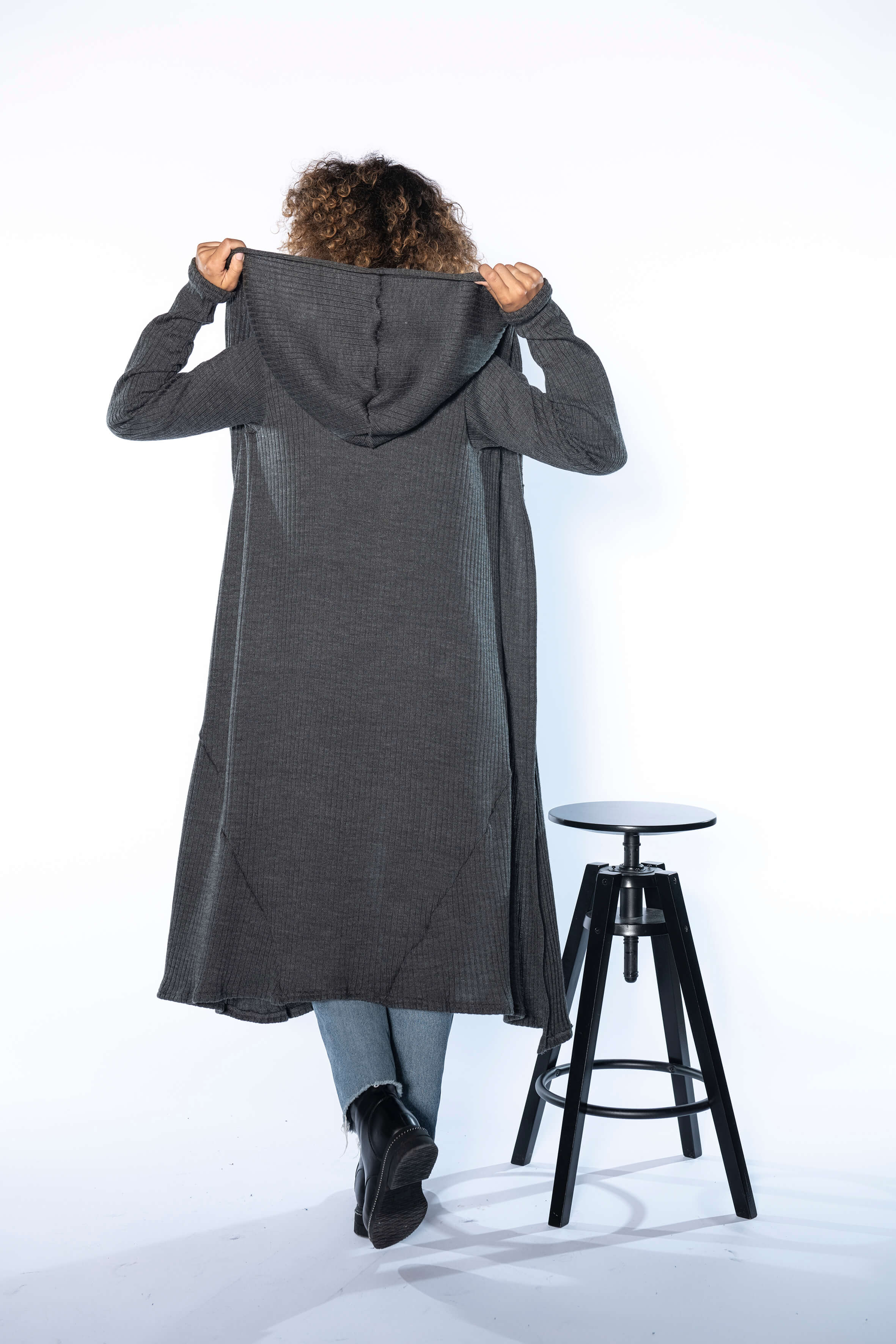 Dark Grey Long Wool Hooded Cardigan