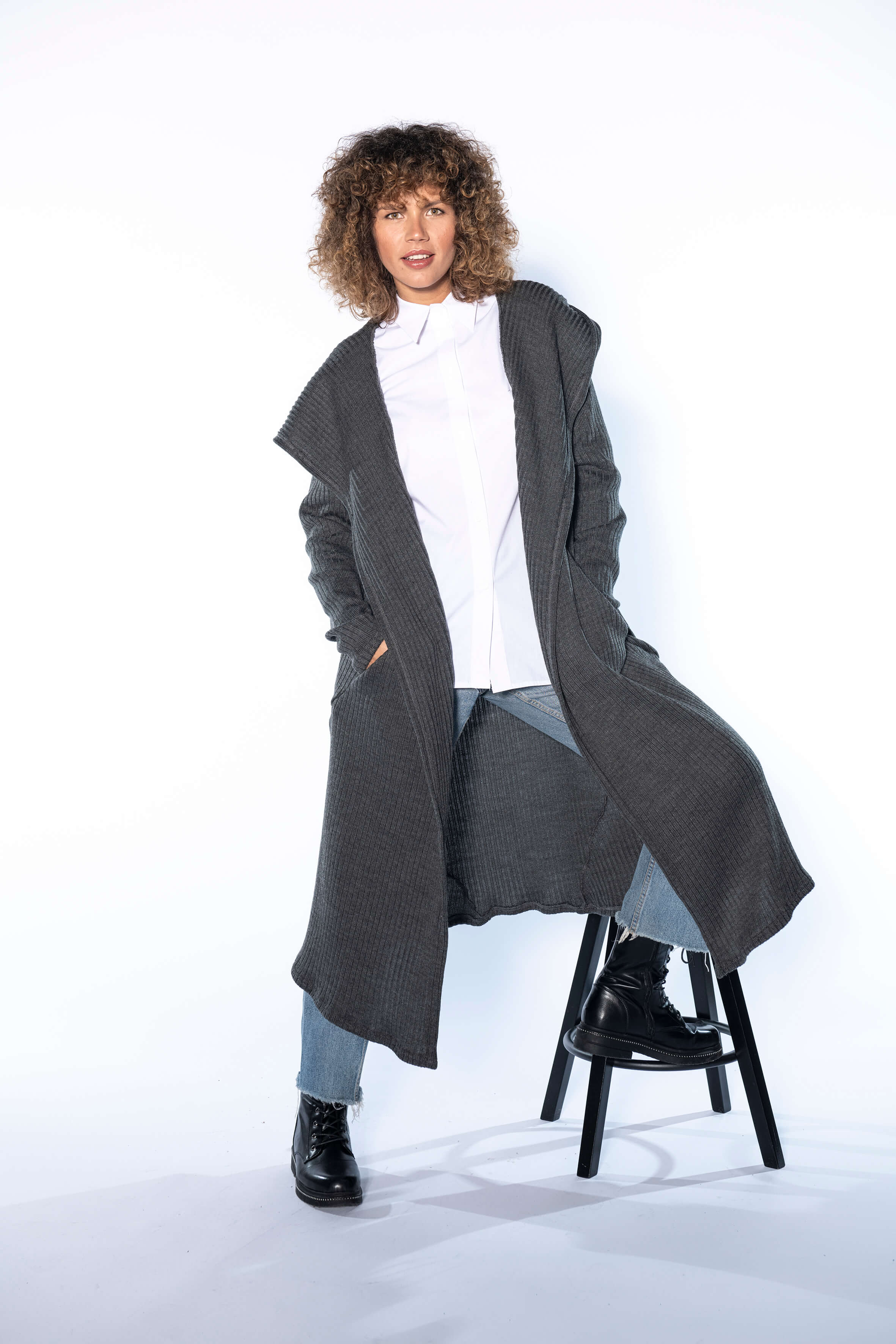 Dark Grey Long Wool Hooded Cardigan