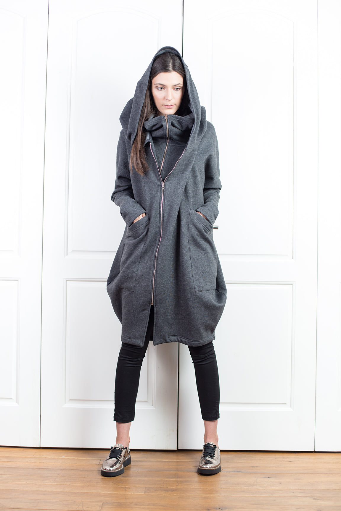 Dark Grey Zipper Hooded Jacket